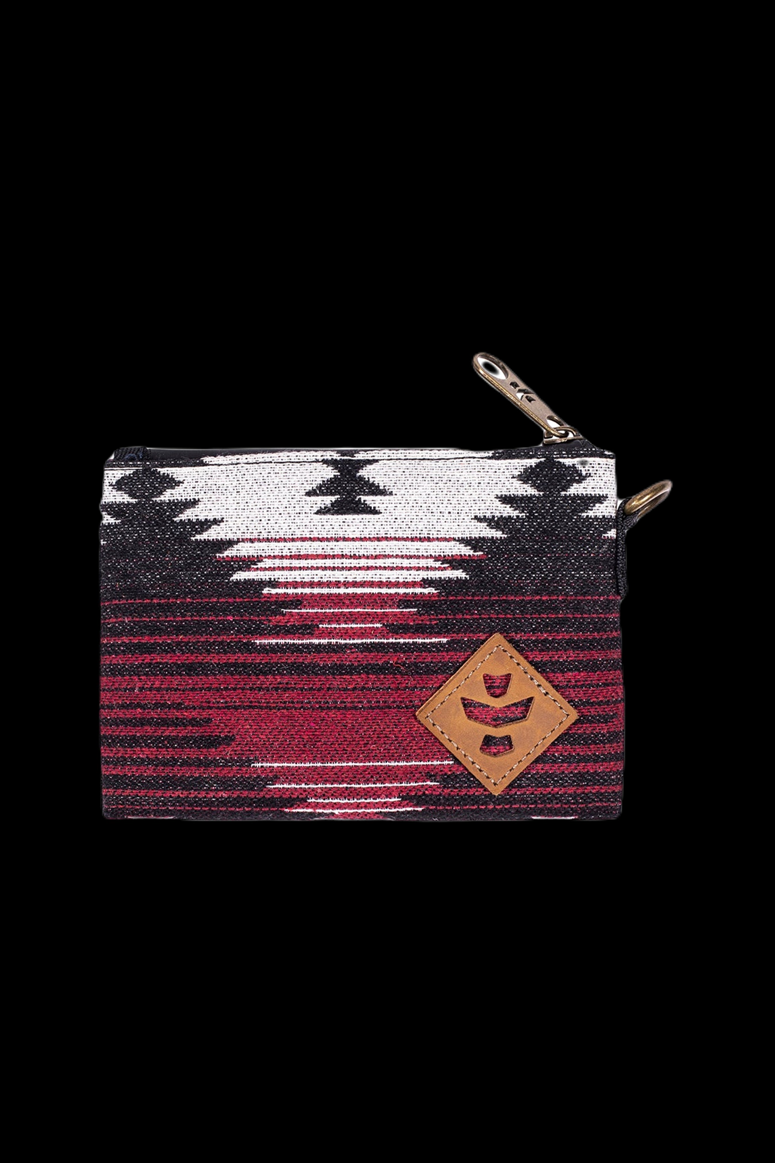 Close-up front view of the Revelry Supply Smell Proof Zippered Small Stash Bag - The Mini Broker showing a red, black and white woven camo pattern, leather diamond patch and top zipper pull against a black background.