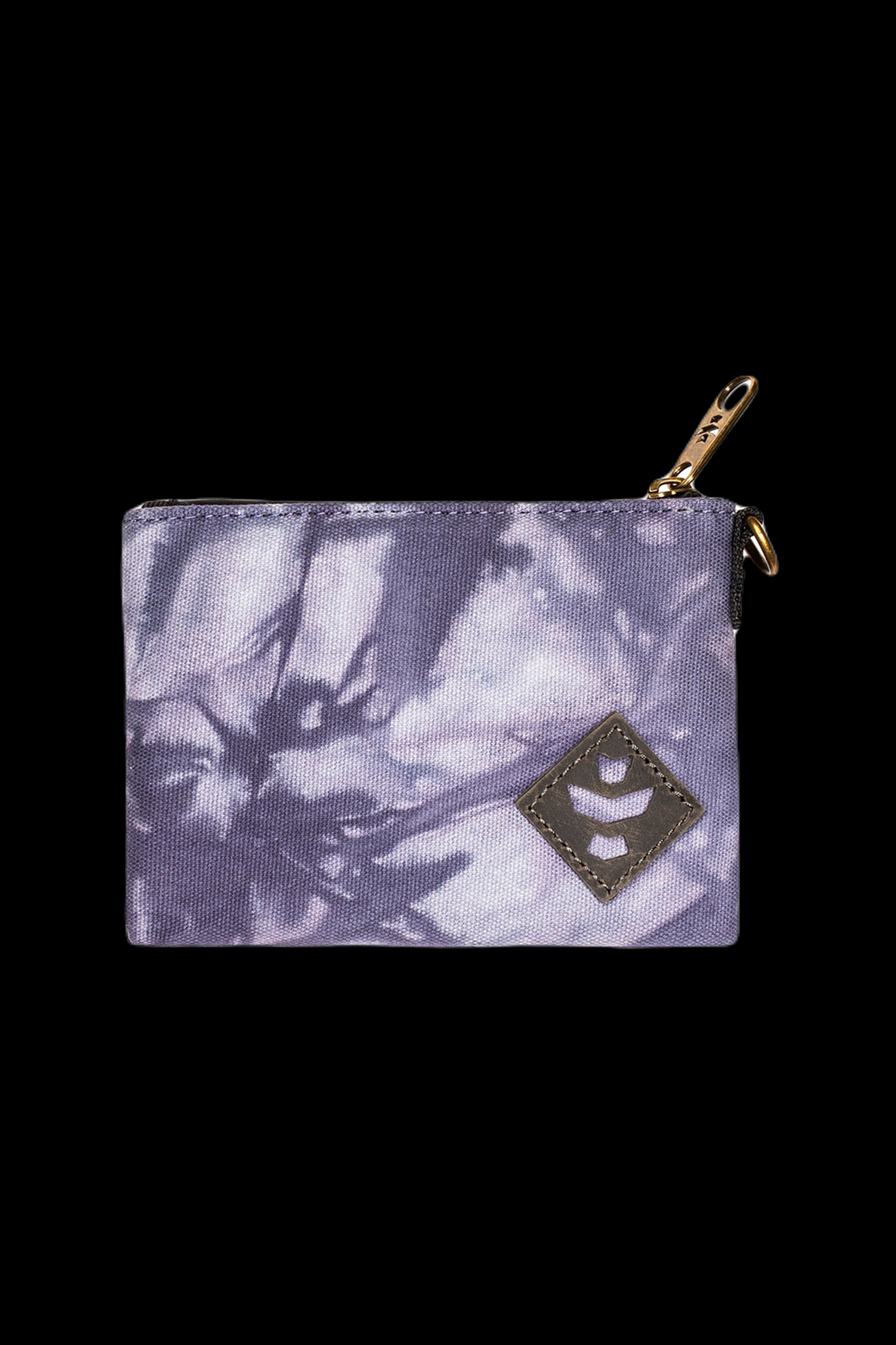 Top-close view of a smoke-patterned Revelry Supply Smell Proof Zippered Small Stash Bag - The Mini Broker with a visible gold zipper pull and stitched logo patch.