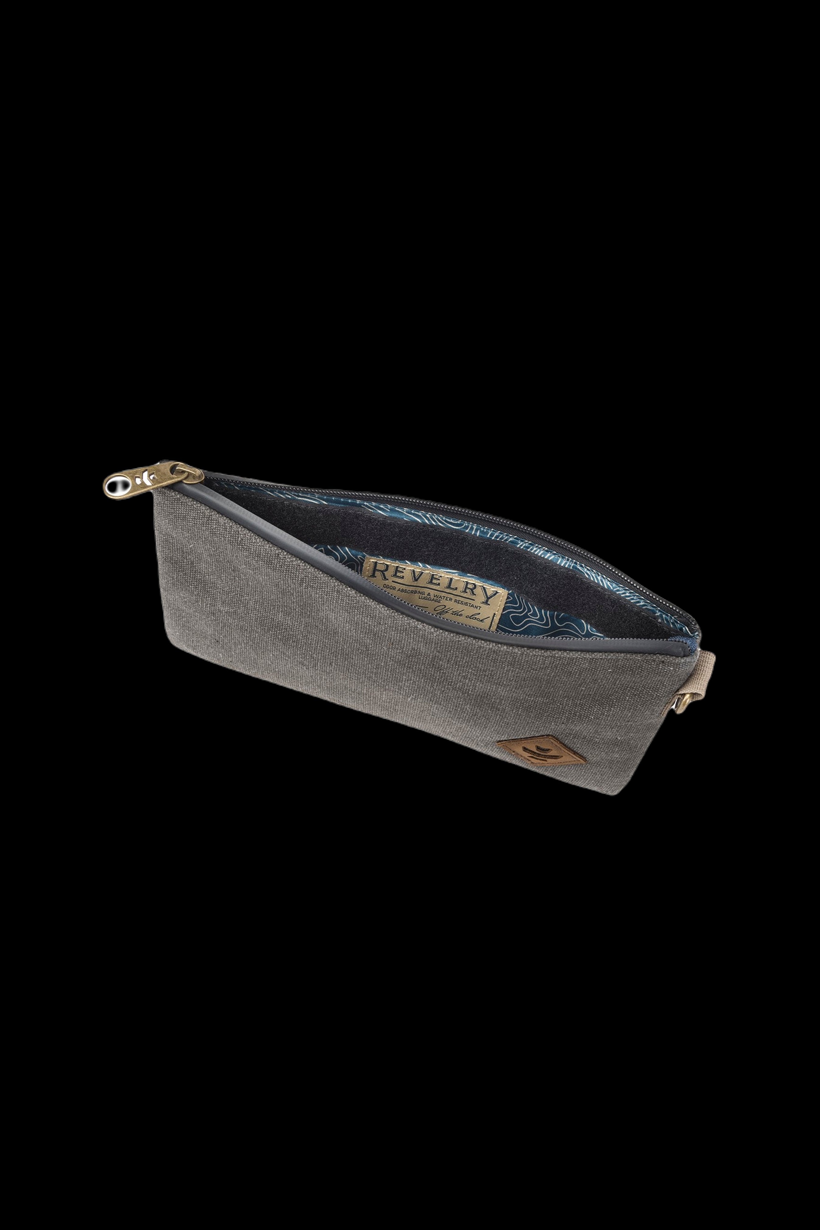 Olive green, smell-proof pouch with a zipper closure, branded “Revelry” and featuring a cannabis leaf design.