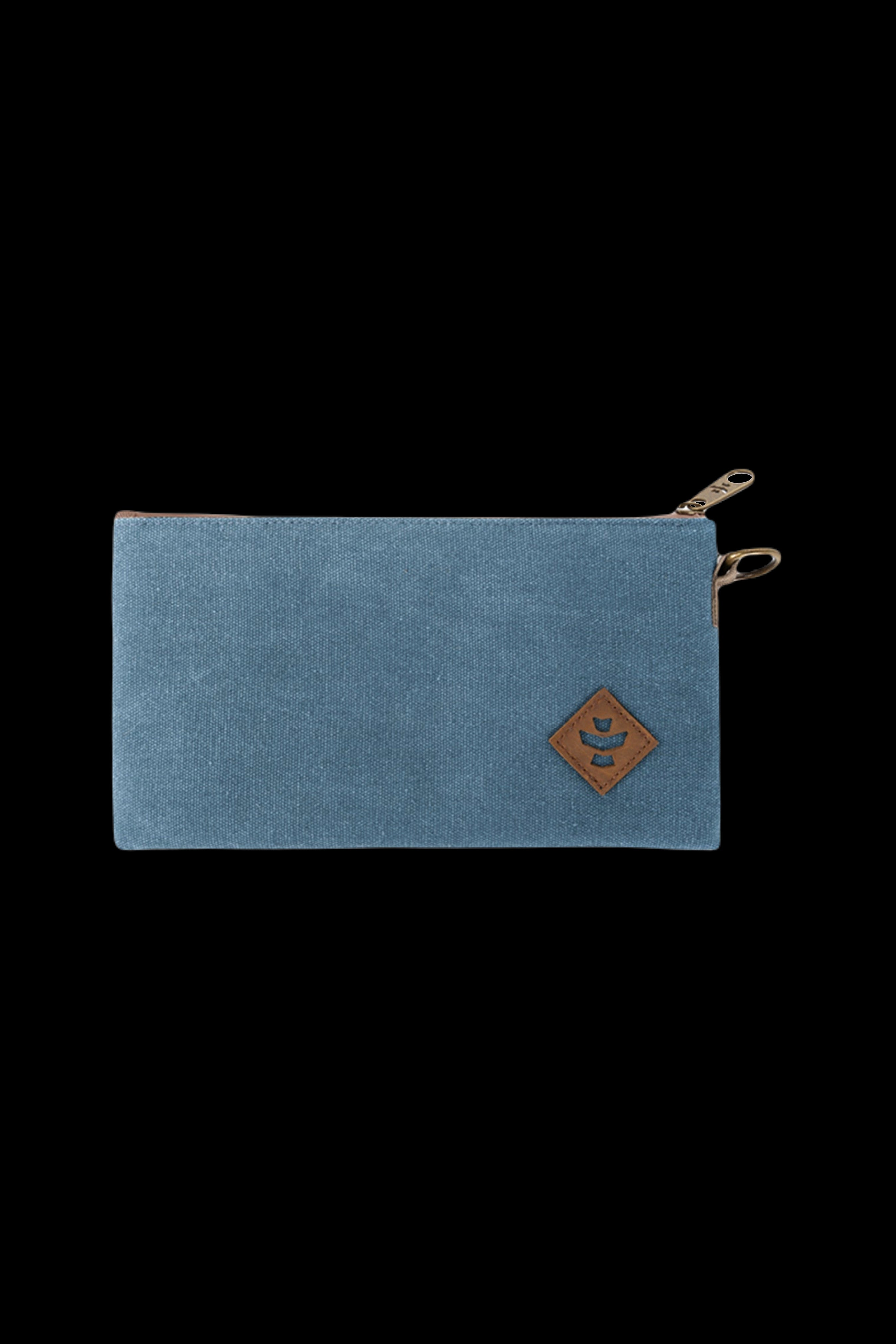 Blue cannabis storage pouch with a diamond-shaped logo.