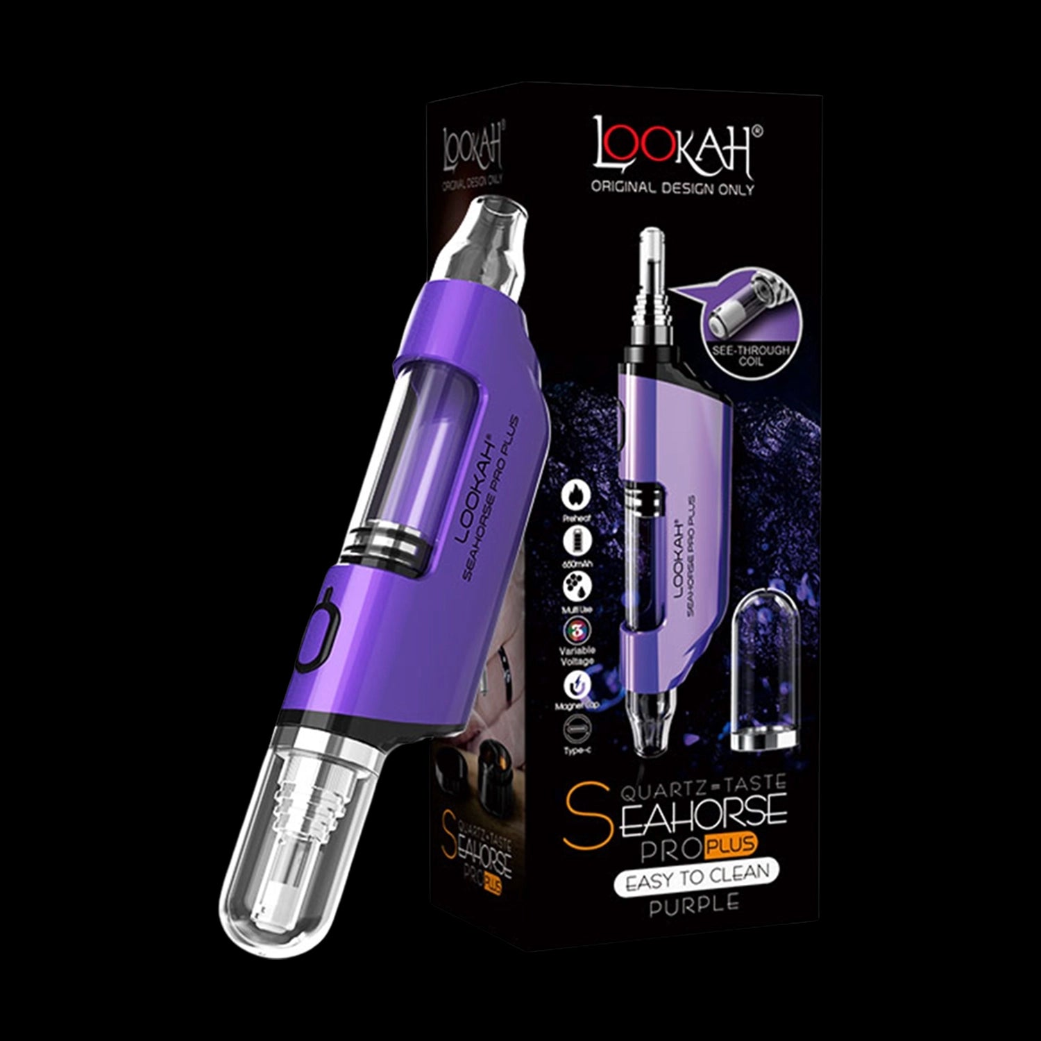 Angled close-up of the purple Lookah Seahorse Pro Plus device against its black product box, showing the clear glass tip and side window.
