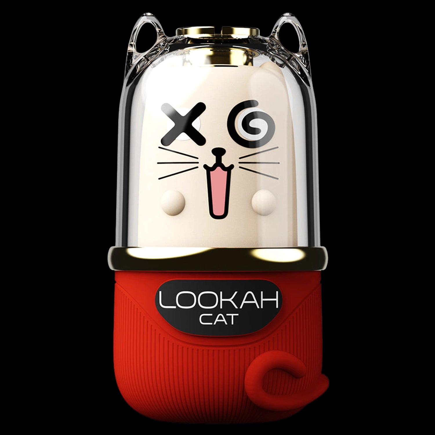 Close-up front view of the chocolate brown Lookah Cat Vaporizer showing a clear dome with cartoon cat face and red textured base.