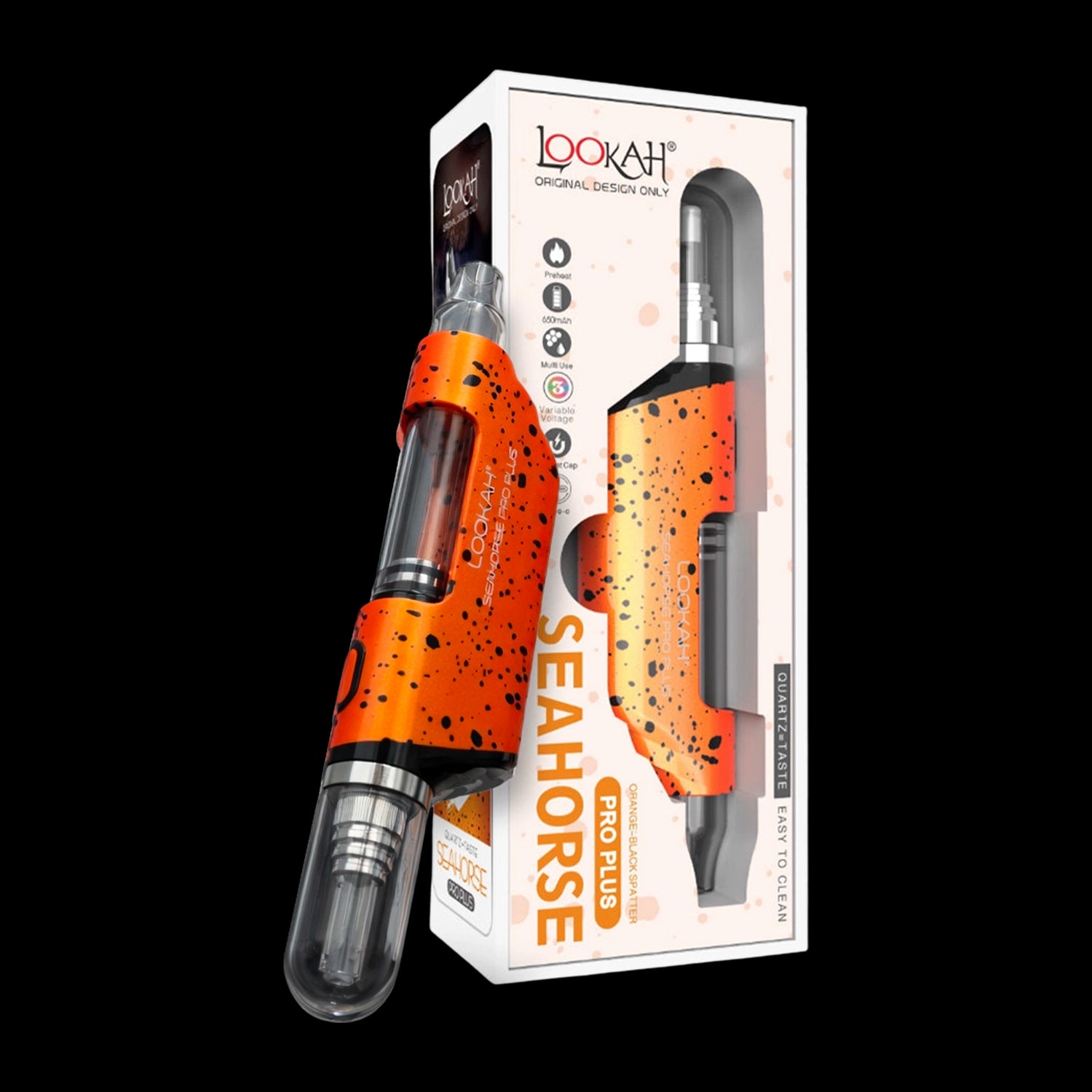 Angled close-up of the rainbow-speckled Lookah Seahorse Pro Plus held before its matching white and orange retail box on a black background.