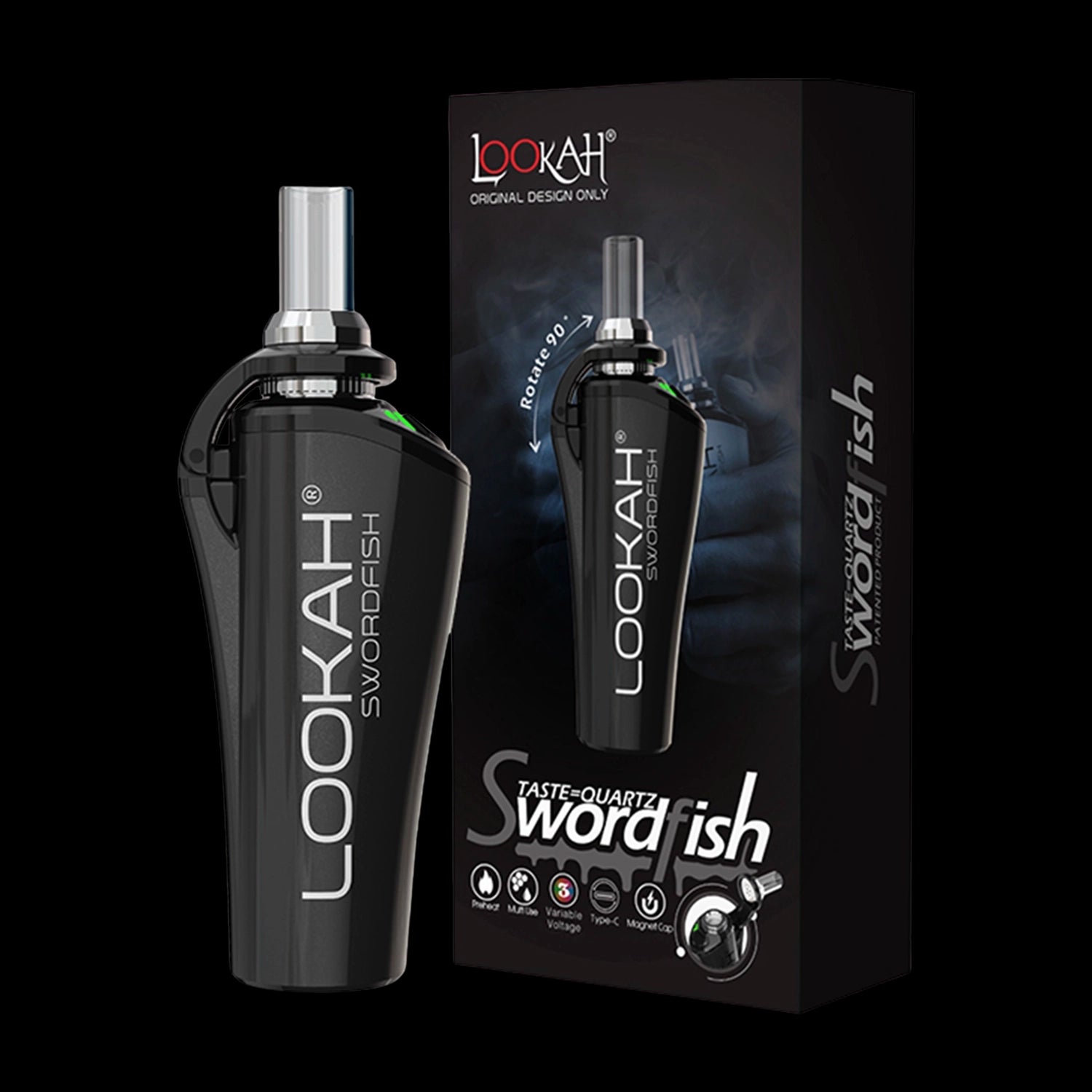 Three-quarter front view of a glossy purple Lookah Swordfish vaporizer standing beside its boxed packaging against a black background.