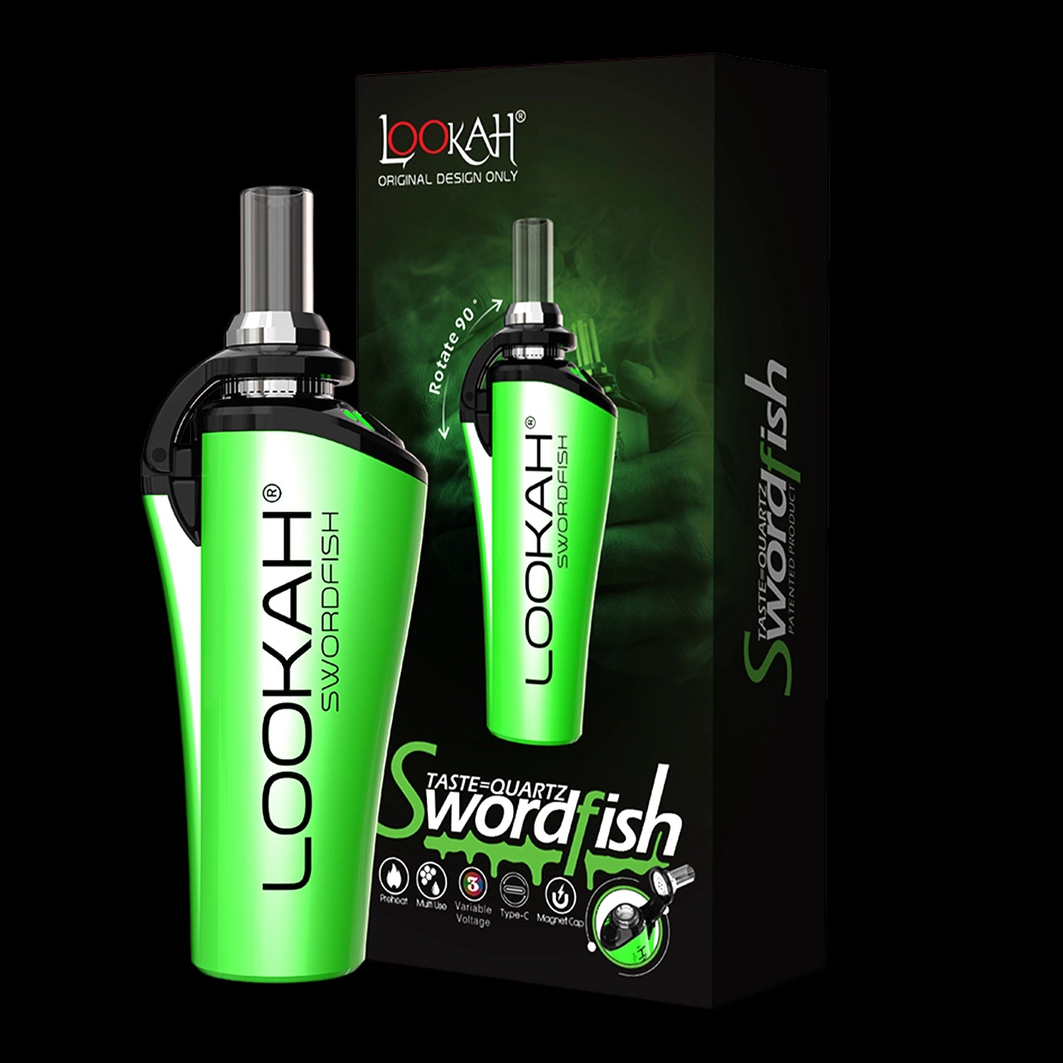 Angled close-up of a bright blue Lookah Swordfish Vaporizer standing in front of its matching black-and-green product box.