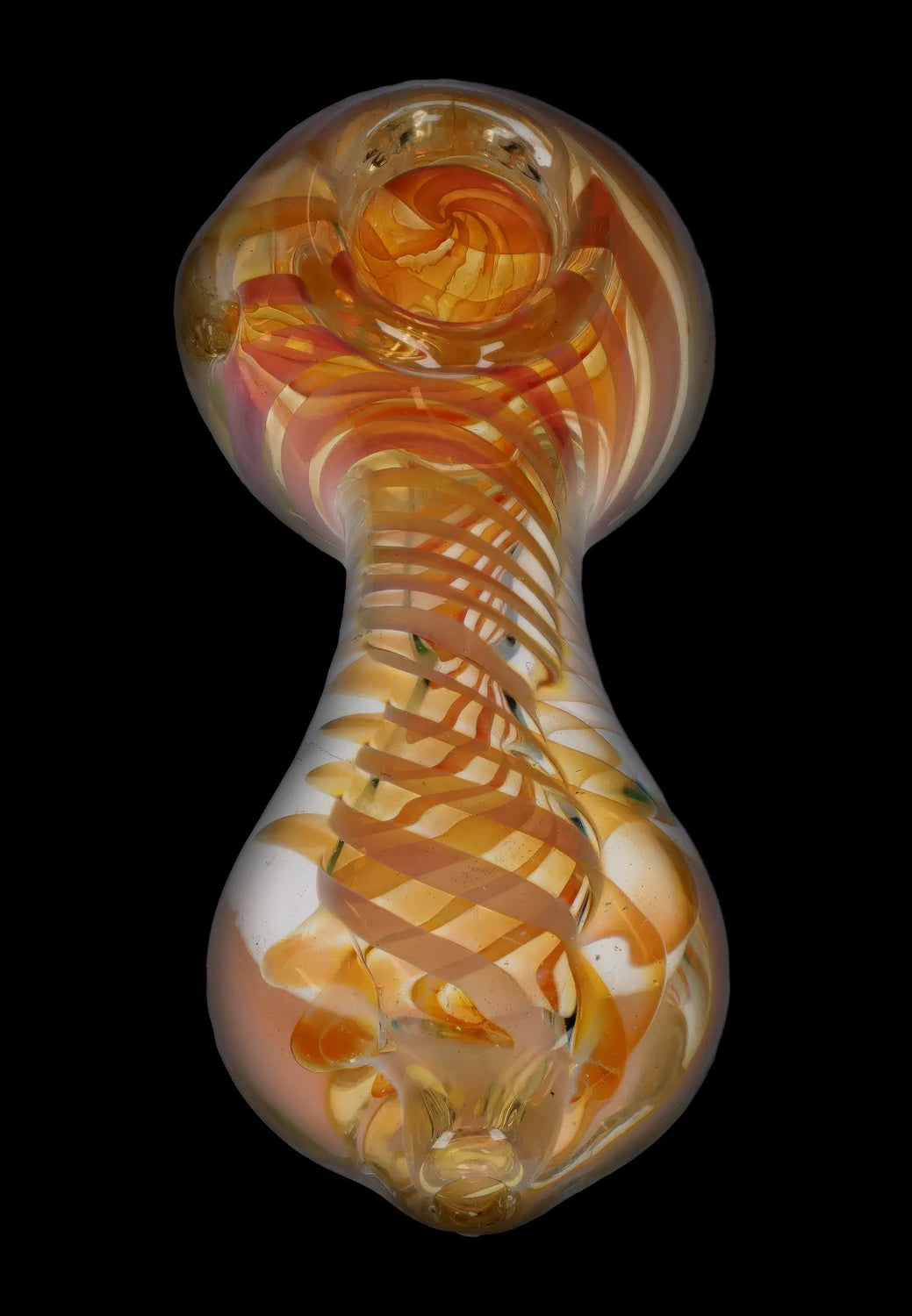 Front view of the 5-inch Gold Fume Twisty Spoon Pipe, showcasing its swirling fume pattern and curved design.
