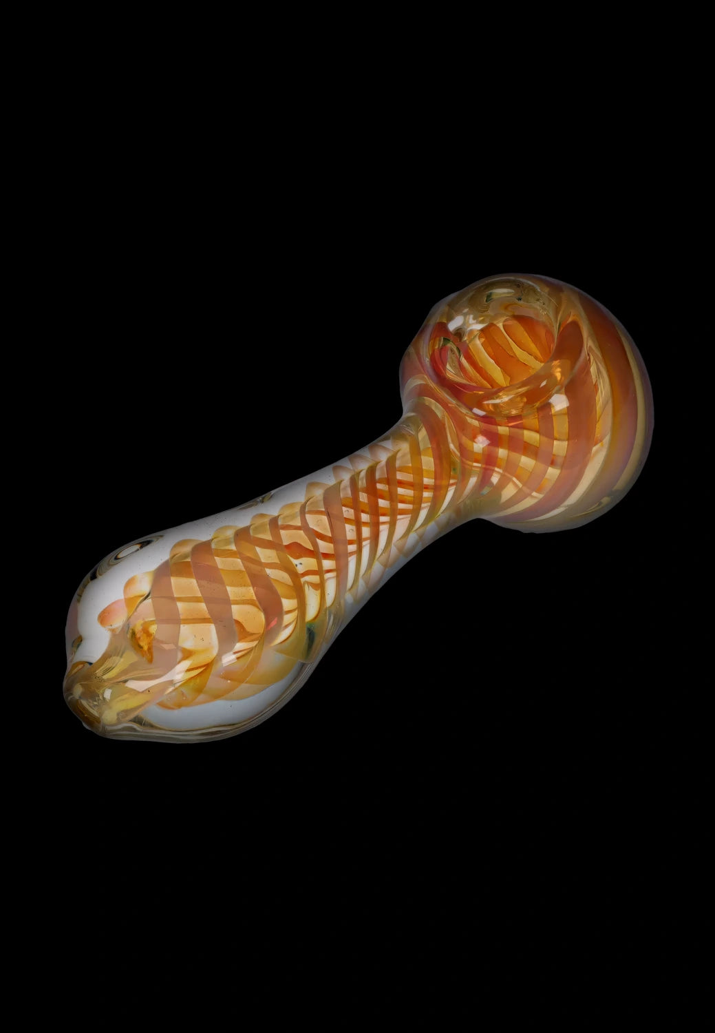 A side view of the 5-inch Gold Fume Twisty Spoon Pipe, showcasing its colorful, swirling glass design.