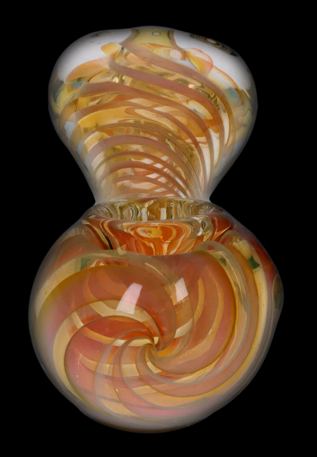 Front view of the 5-inch Gold Fume Twisty Spoon Pipe, featuring swirls of fume and a colorful, twisting glass design.
