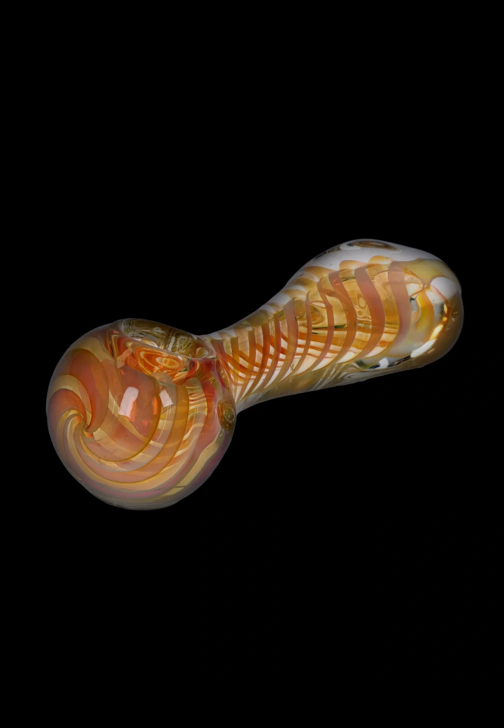 A side view of the 5-inch Gold Fume Twisty Spoon Pipe, featuring a swirling, colorful glass design.