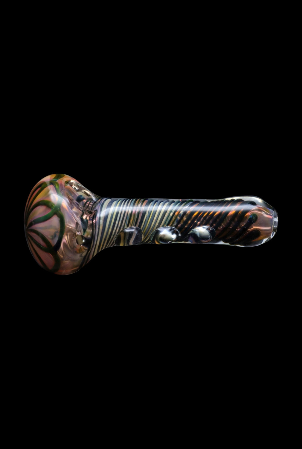 Hand-blown glass pipe with swirling orange, black, and iridescent patterns.