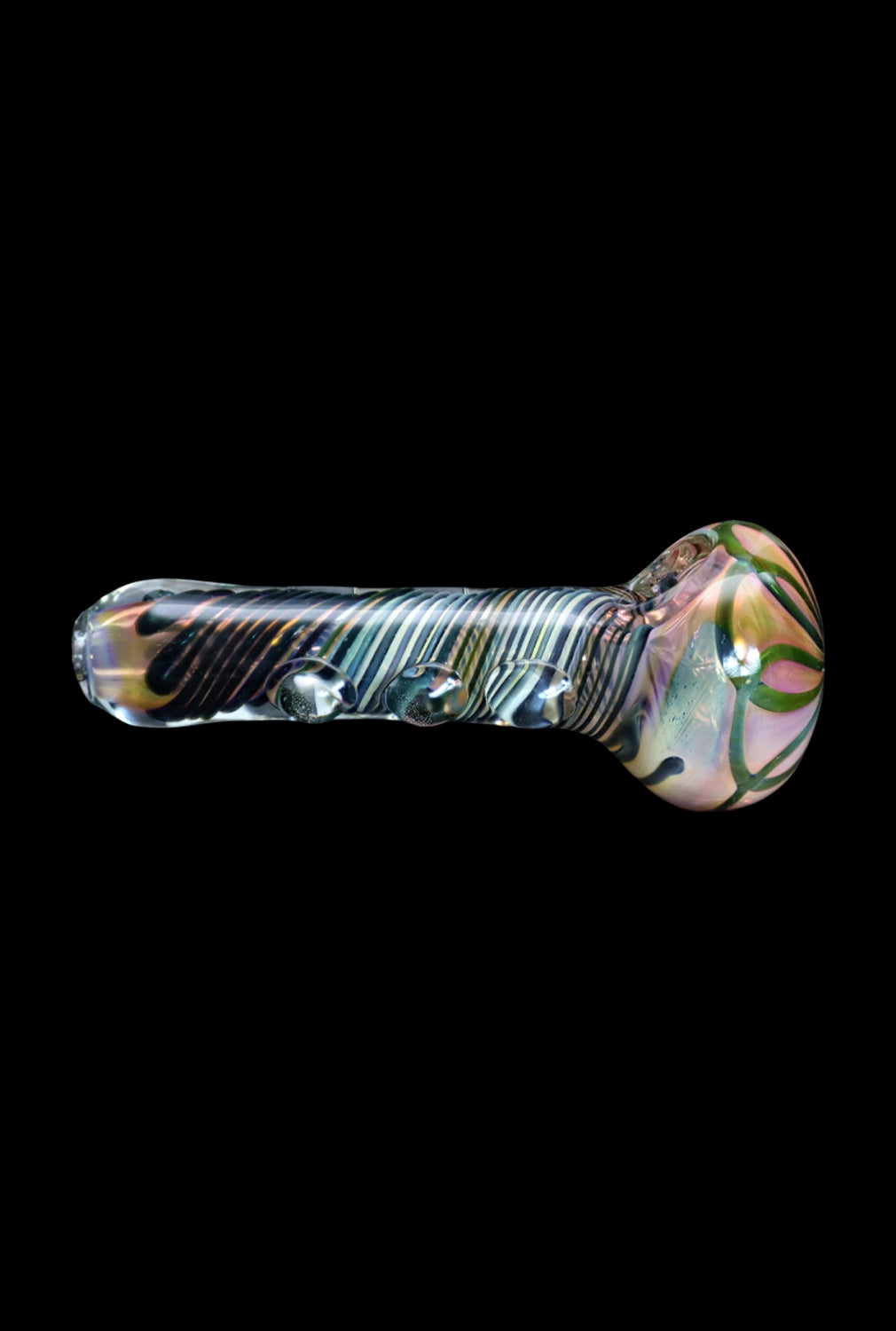 Hand pipe with iridescent glass swirls.
