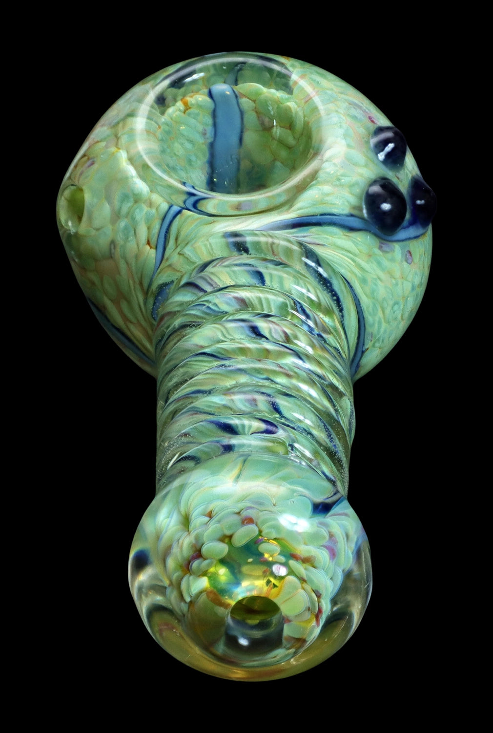 Hand-blown glass pipe with green and blue swirls.
