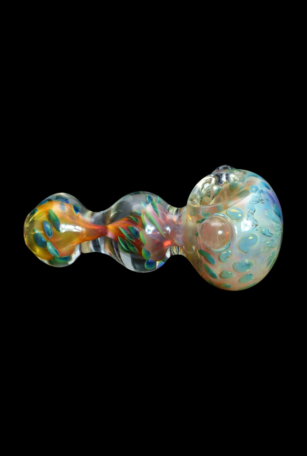 Hand-blown glass pipe with colorful iridescent swirls.