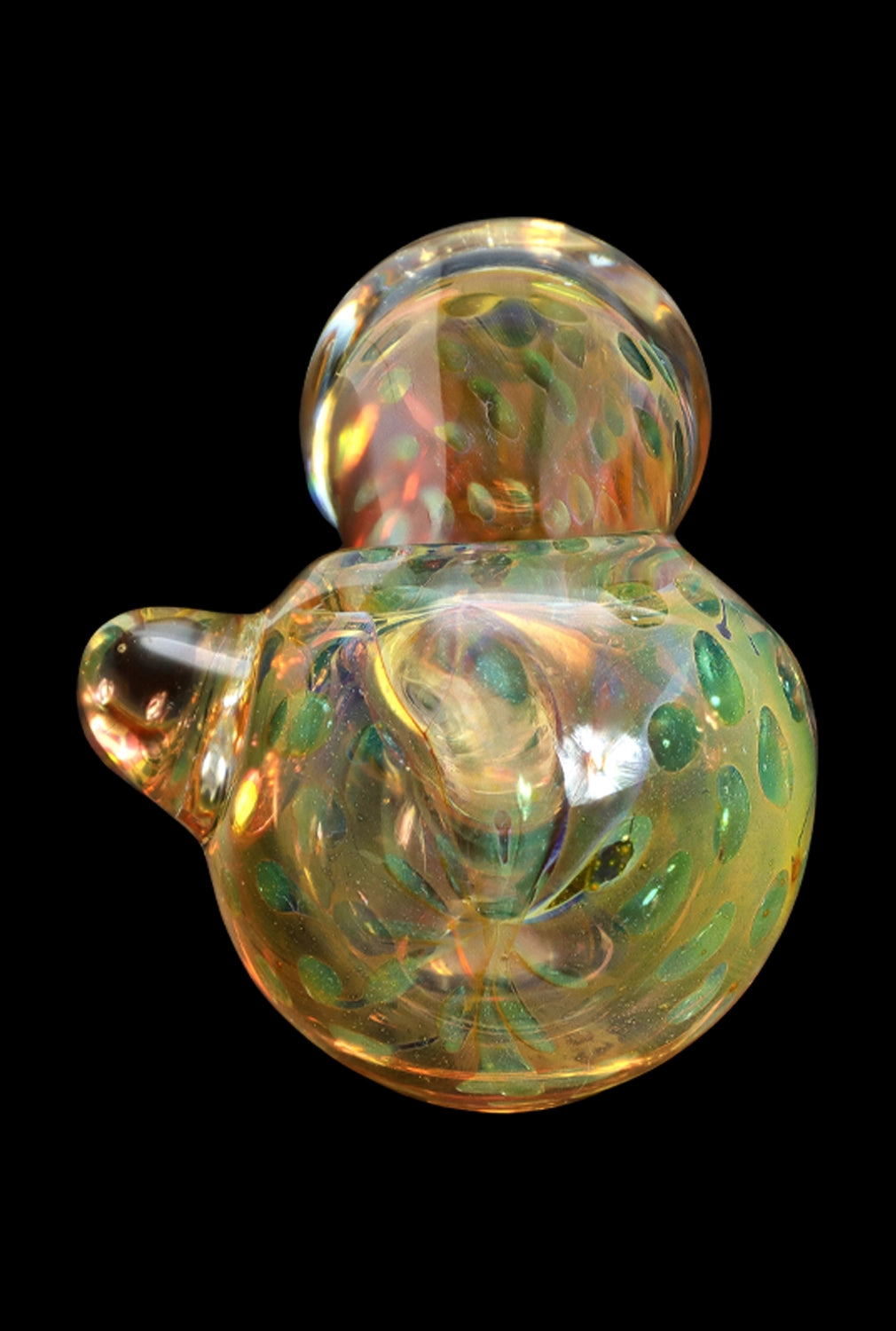 Iridescent glass oil rig bubbler against a black background.