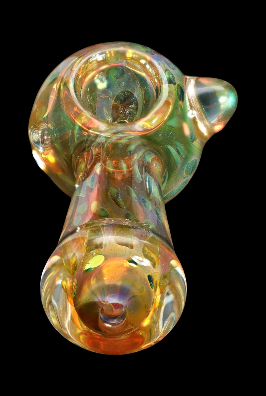 Iridescent glass cannabis pipe against a black background.