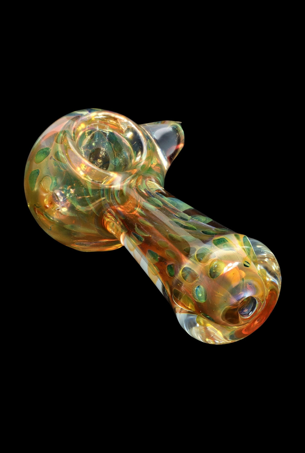 Hand-blown glass pipe with swirling amber and emerald patterns.