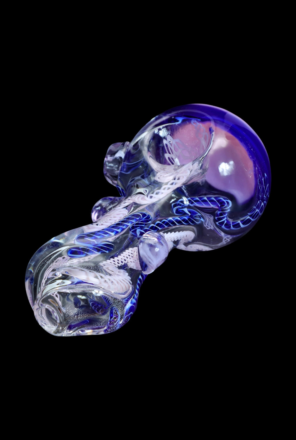 Glass cannabis pipe with swirling blue and purple patterns.