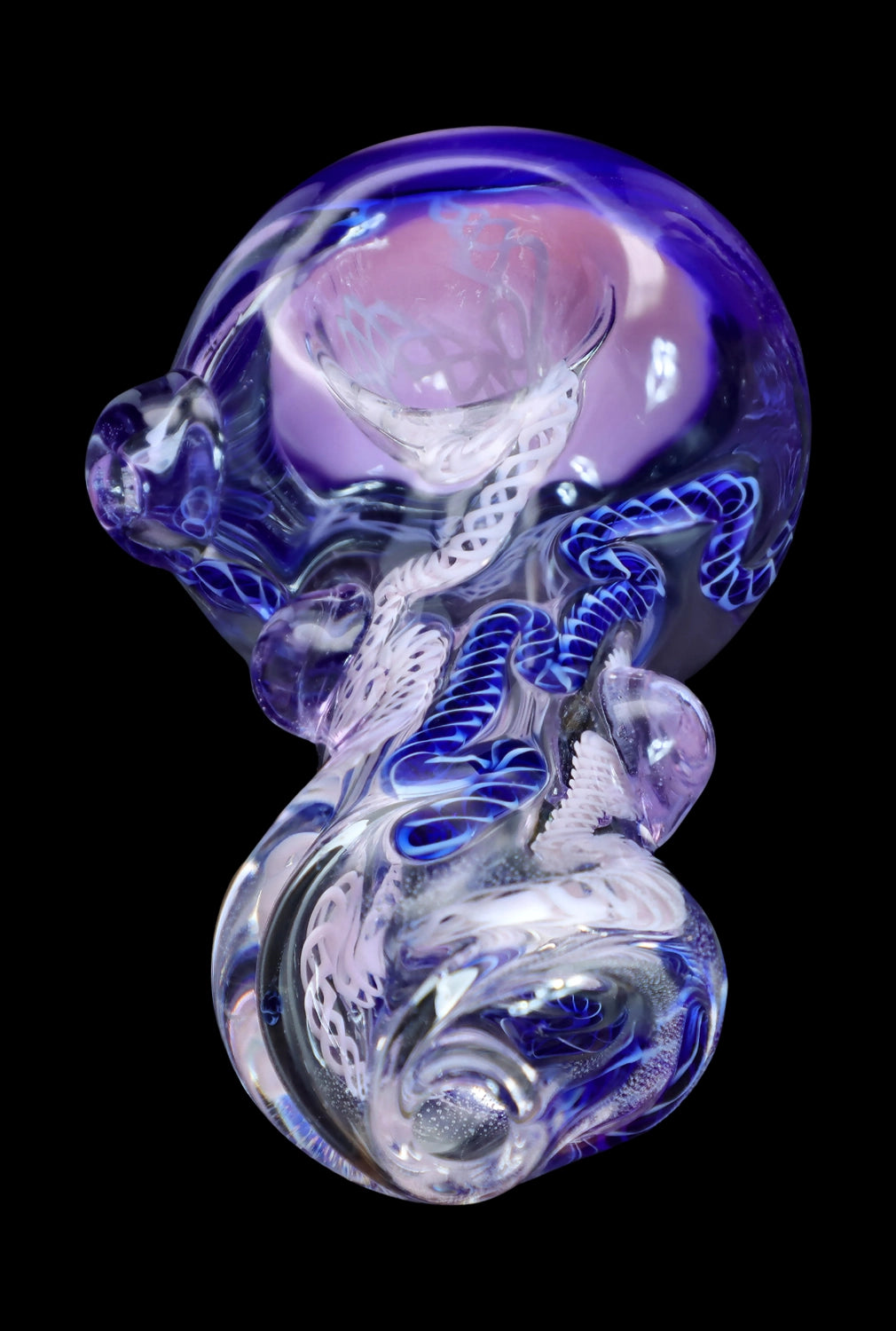 Purple and white glass cannabis water pipe with intricate swirling designs.