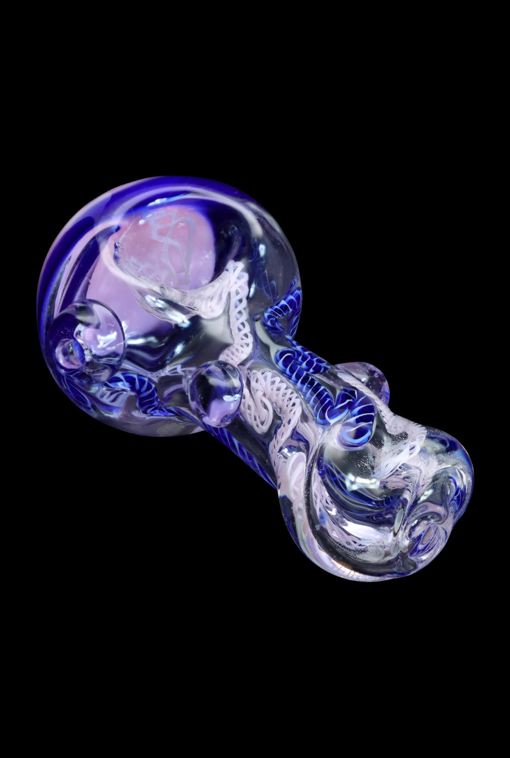 Hand pipe with intricate purple and white glasswork.