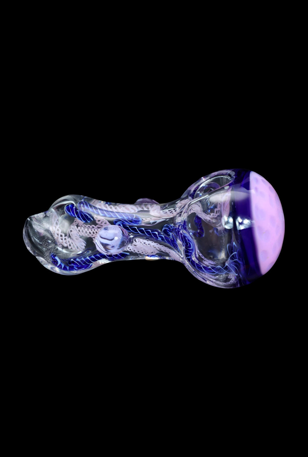 Hand-blown glass pipe with intricate blue and white floral patterns, featuring a lavender-colored mouthpiece.