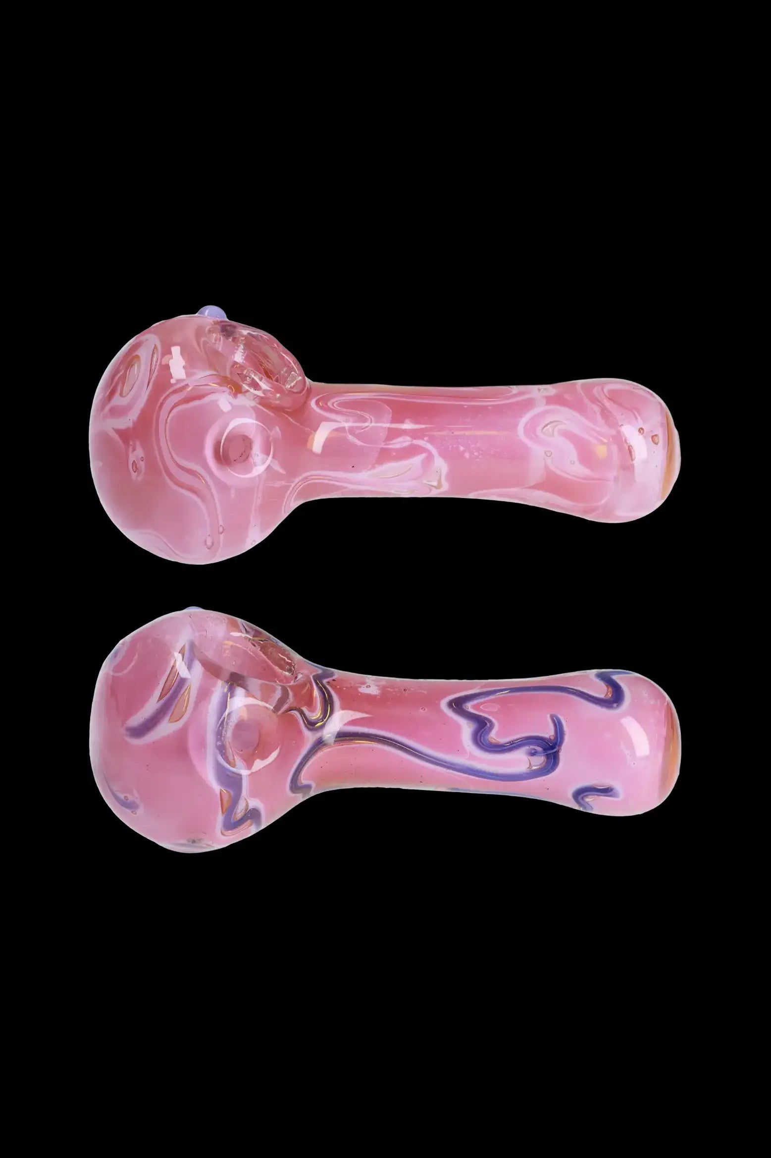 Pink glass smoking pipes with swirling purple accents, isolated on a black background.