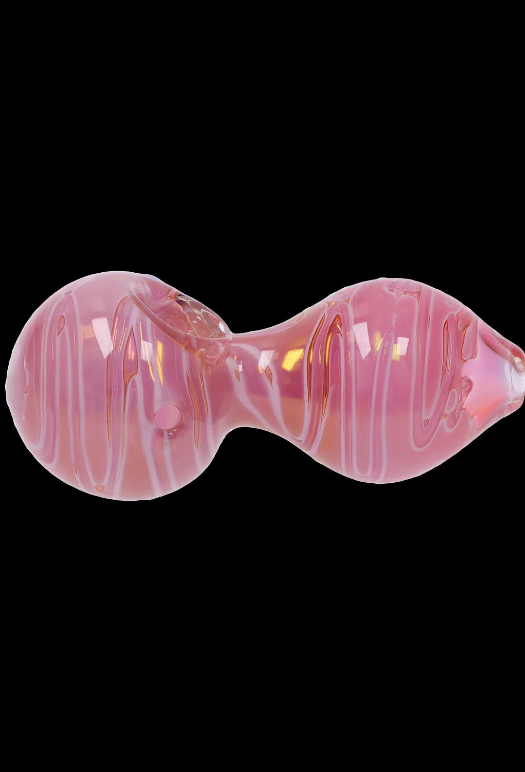 Pink glass cannabis pipe with swirling patterns.