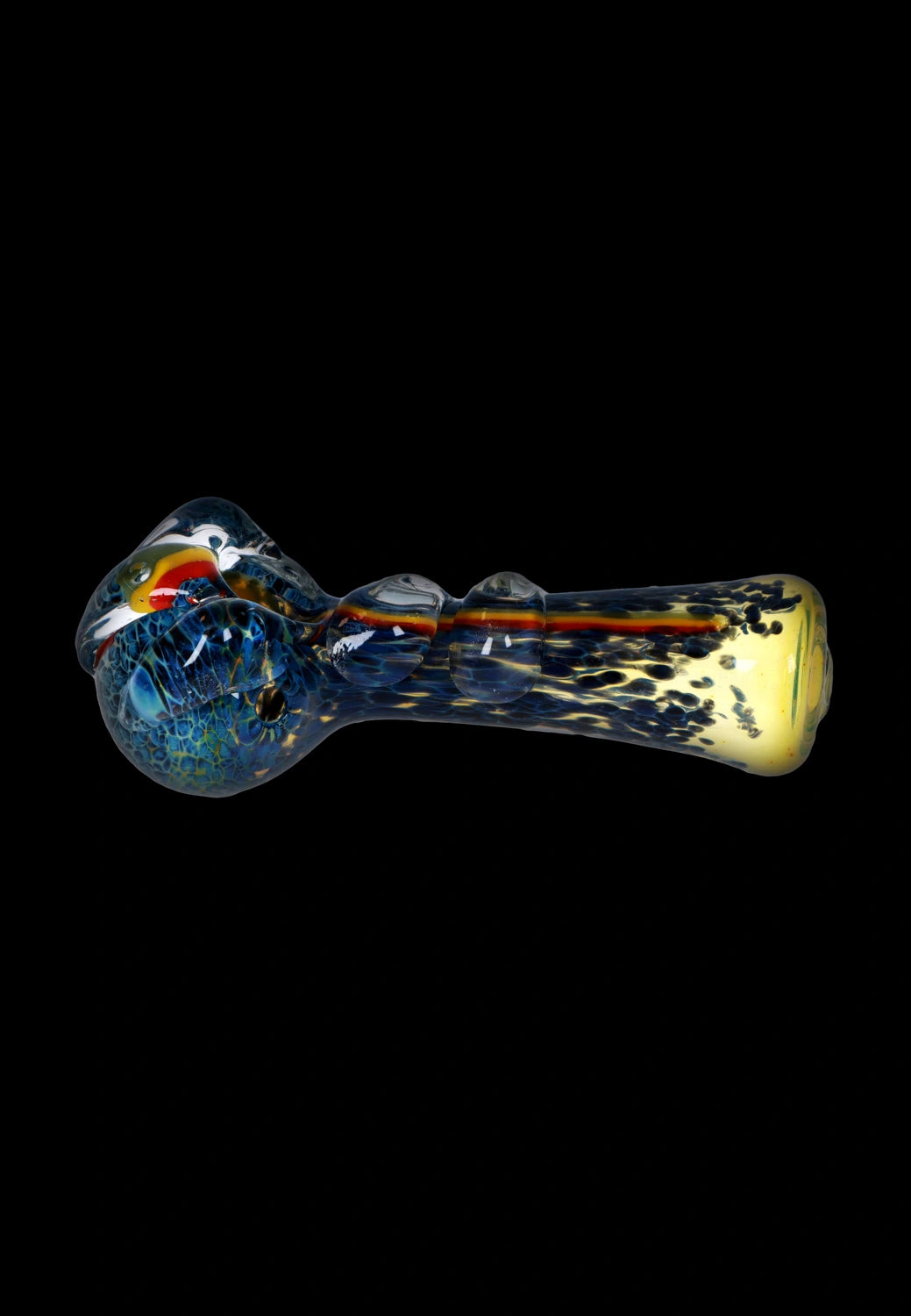 A side view of the 4.5-inch Fancy Stem Spoon Pipe, showing a colorful glass bowl and curved stem.