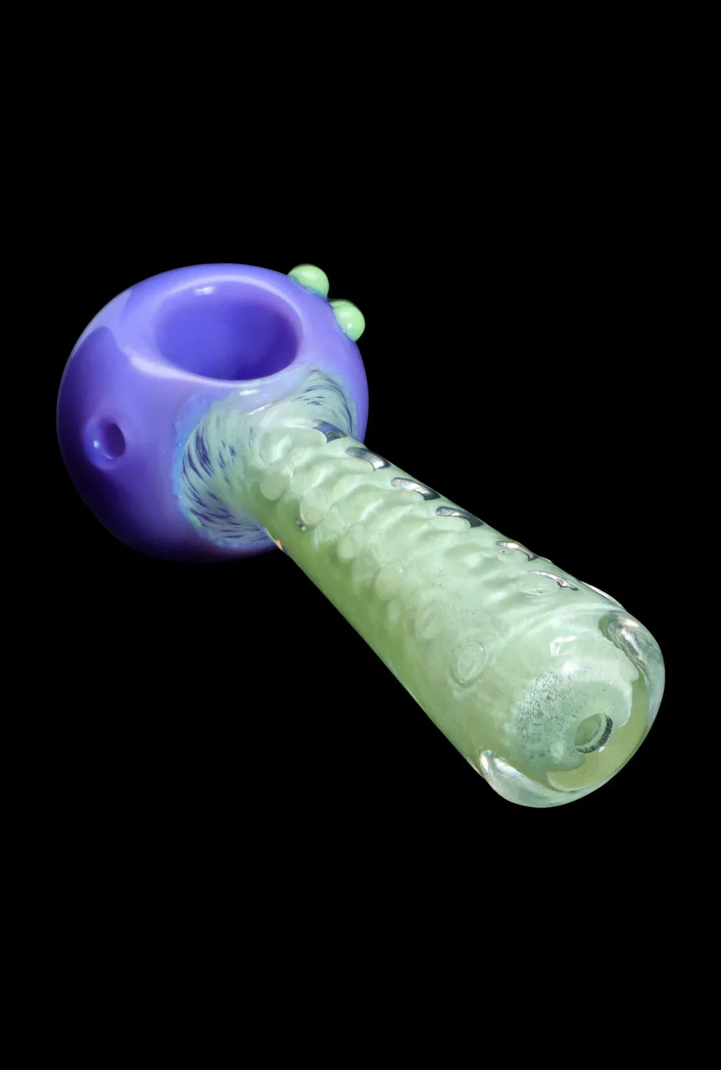 Hand pipe with purple bowl and textured green stem.