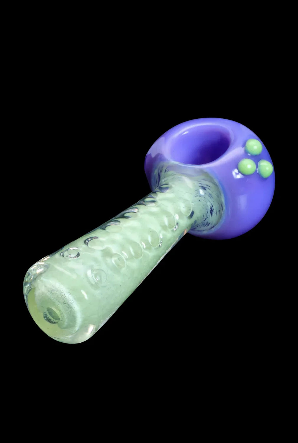 Hand-blown glass cannabis pipe with green and purple swirls.
