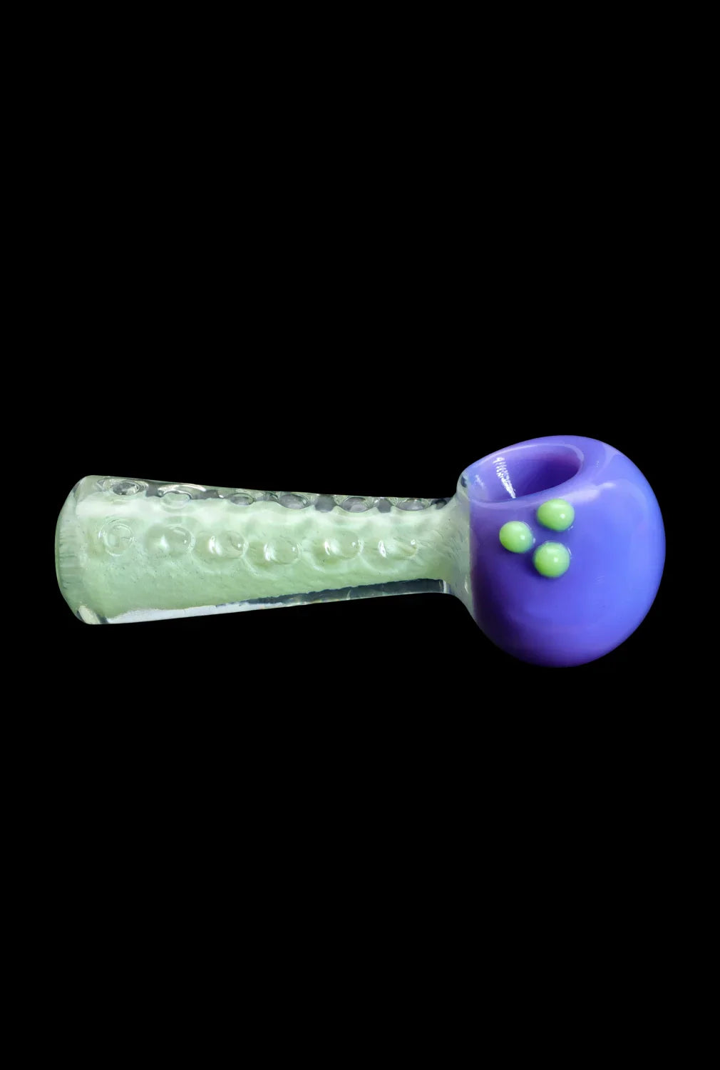 Green and purple glass pipe for smoking cannabis.