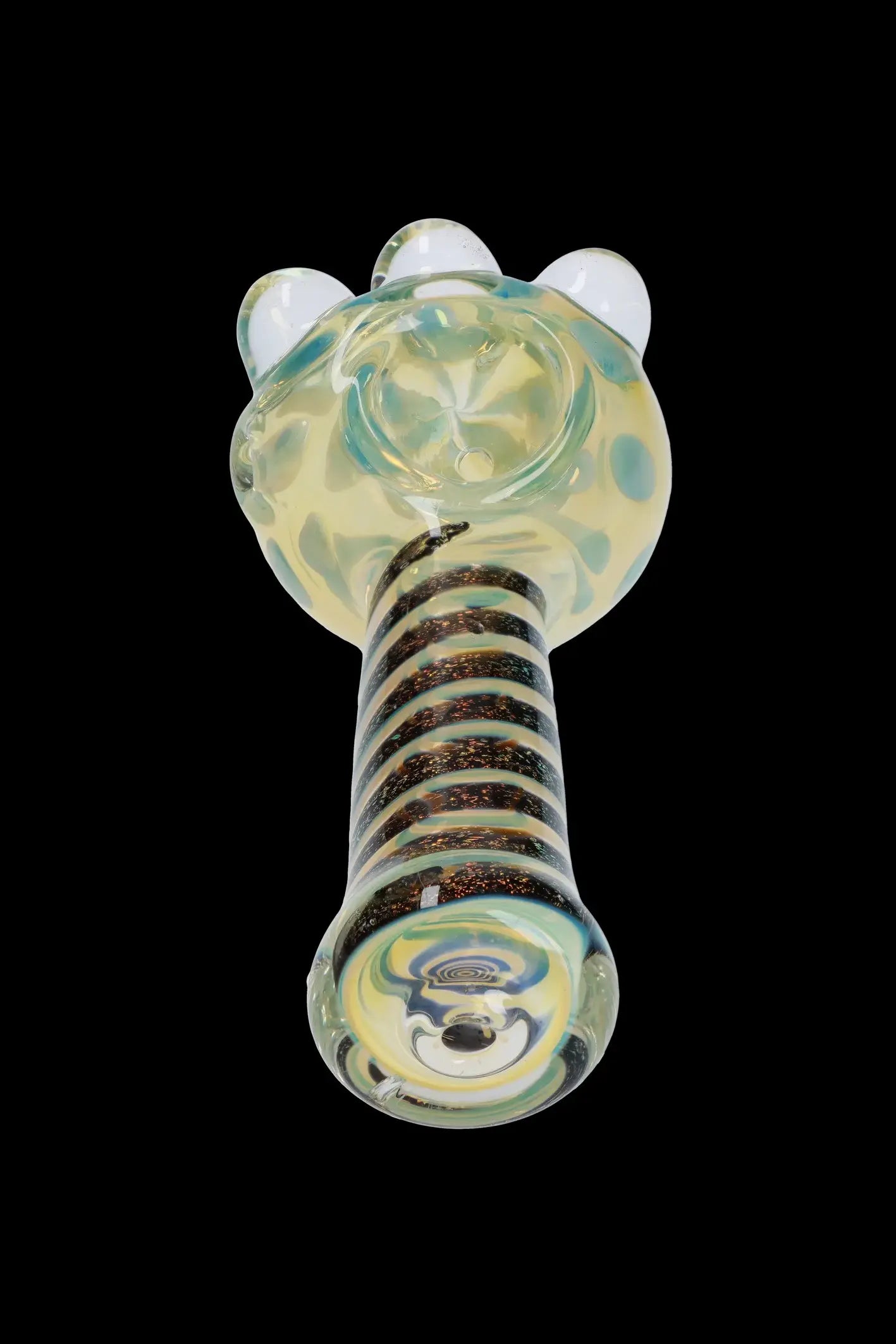 Hand-blown glass pipe with striped and swirled patterns.