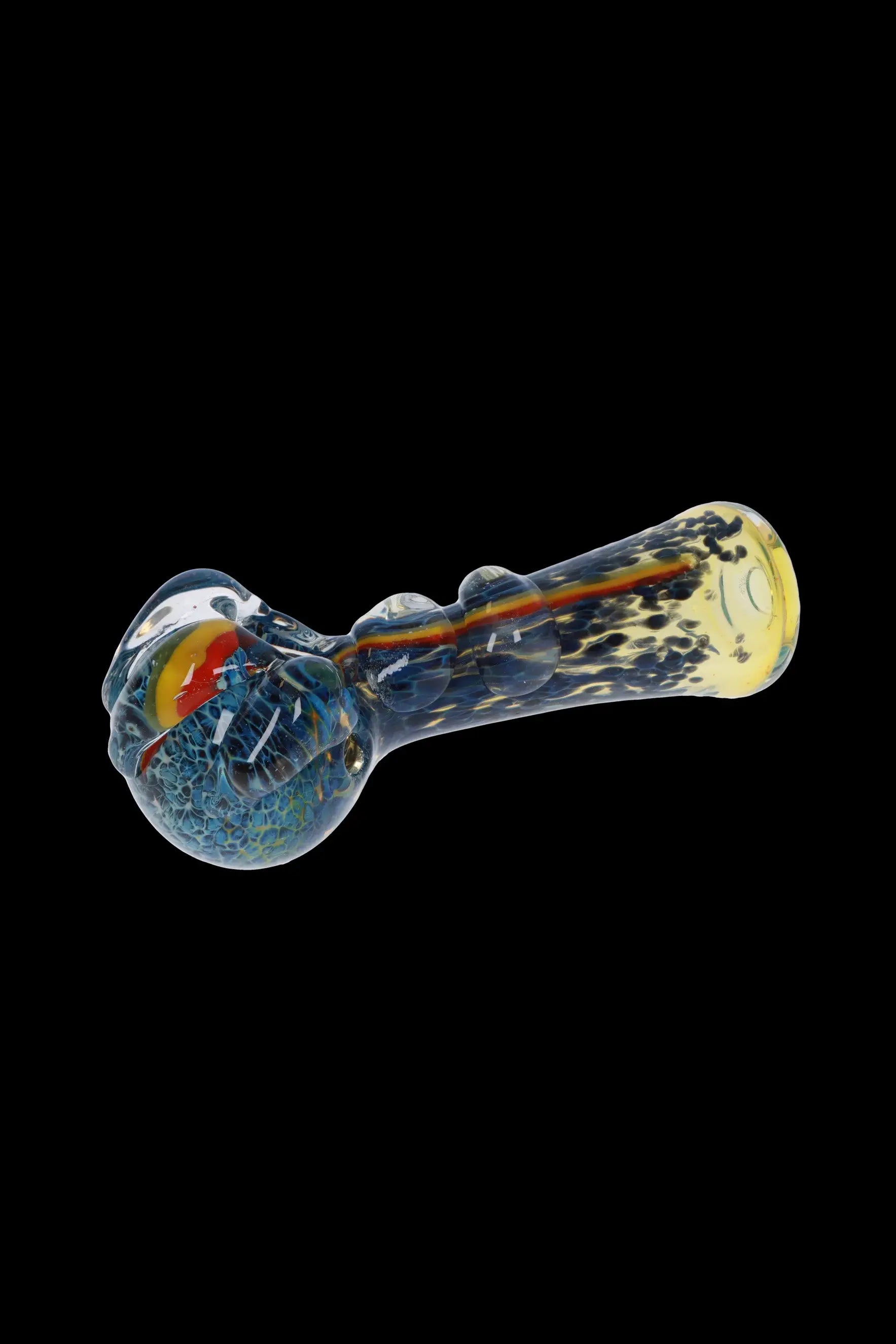Hand pipe with colorful glass swirls.