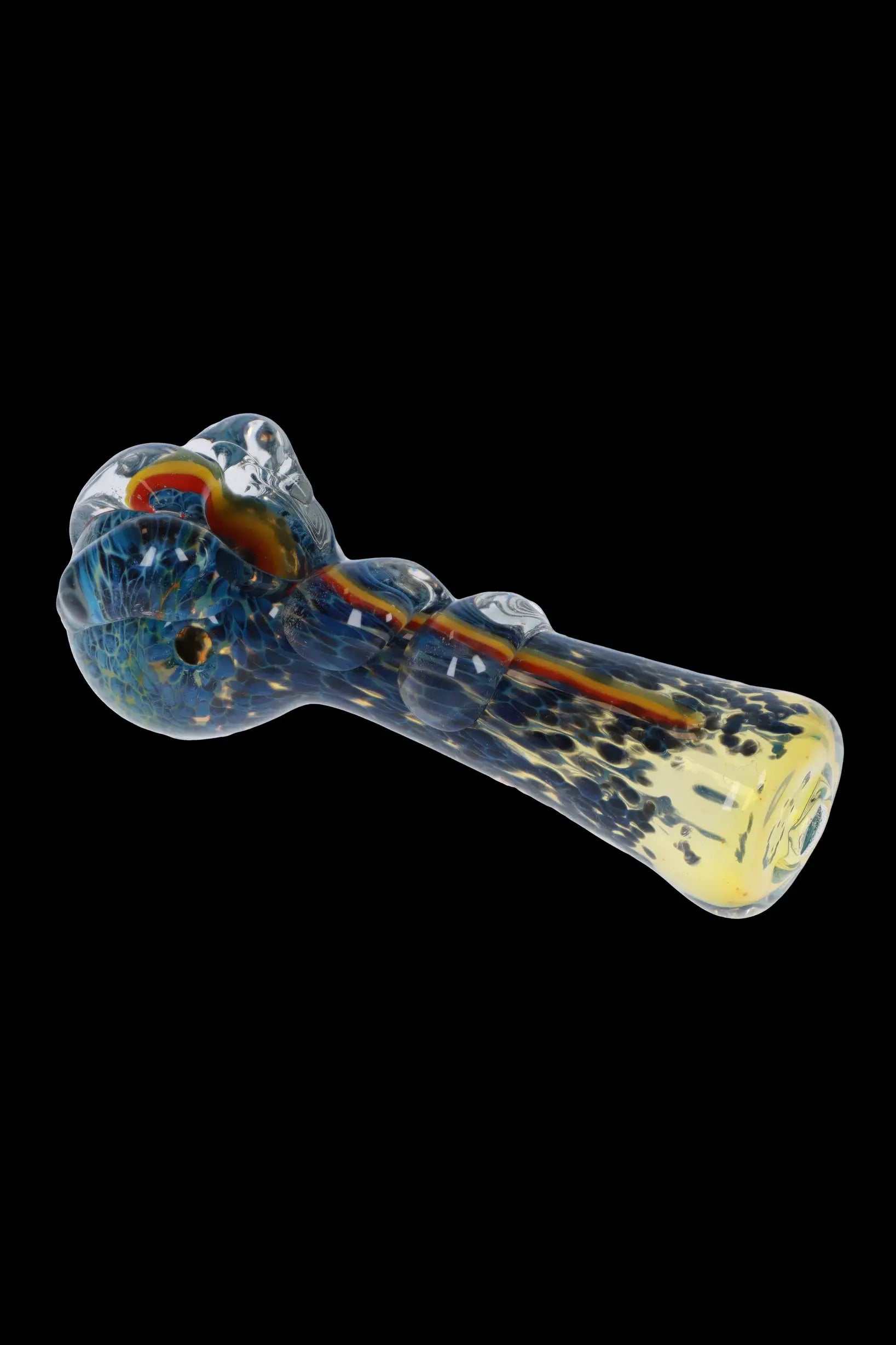 Hand pipe with colorful glass swirls.
