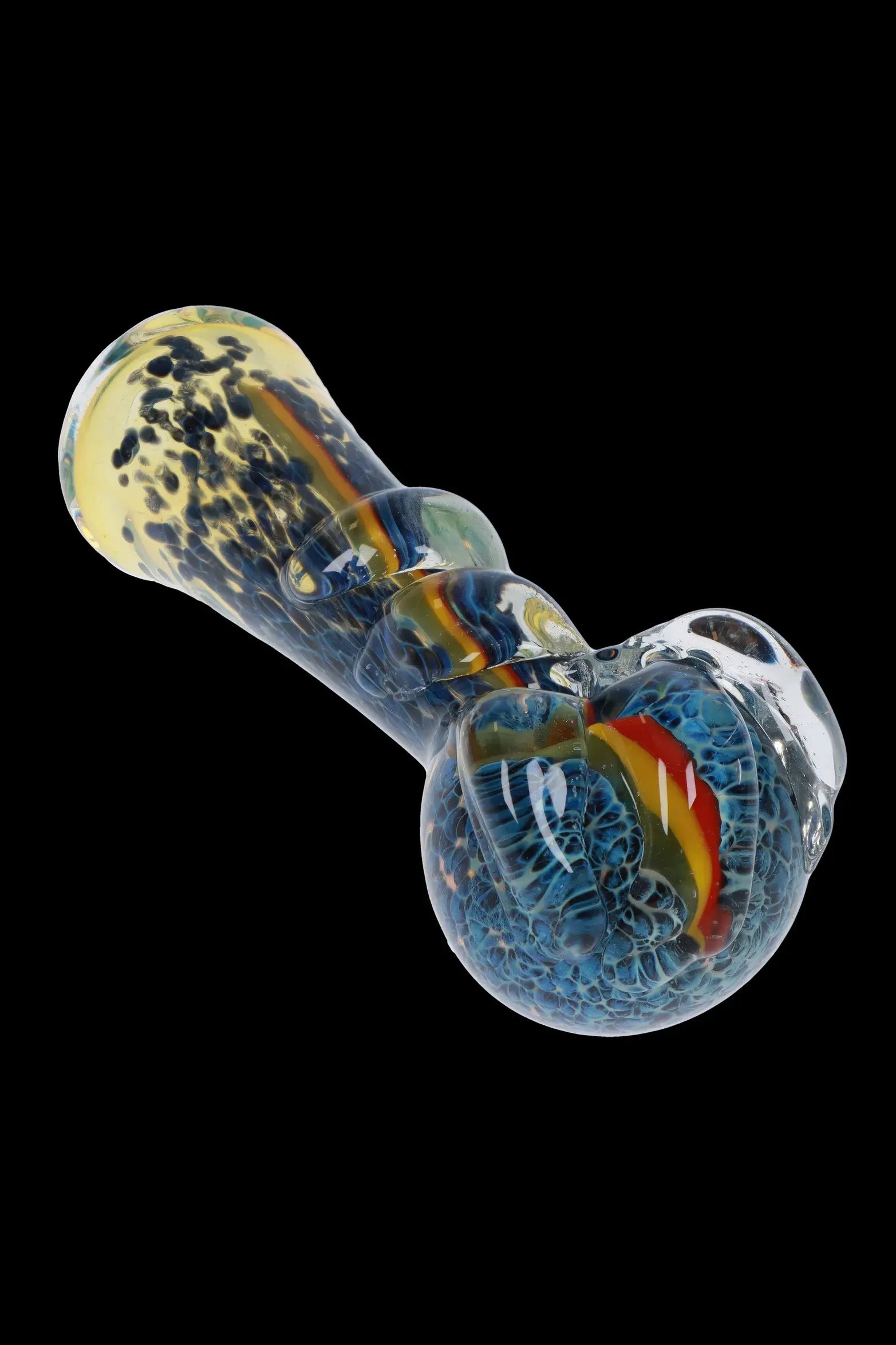Hand-blown glass pipe with blue and gold swirling patterns.