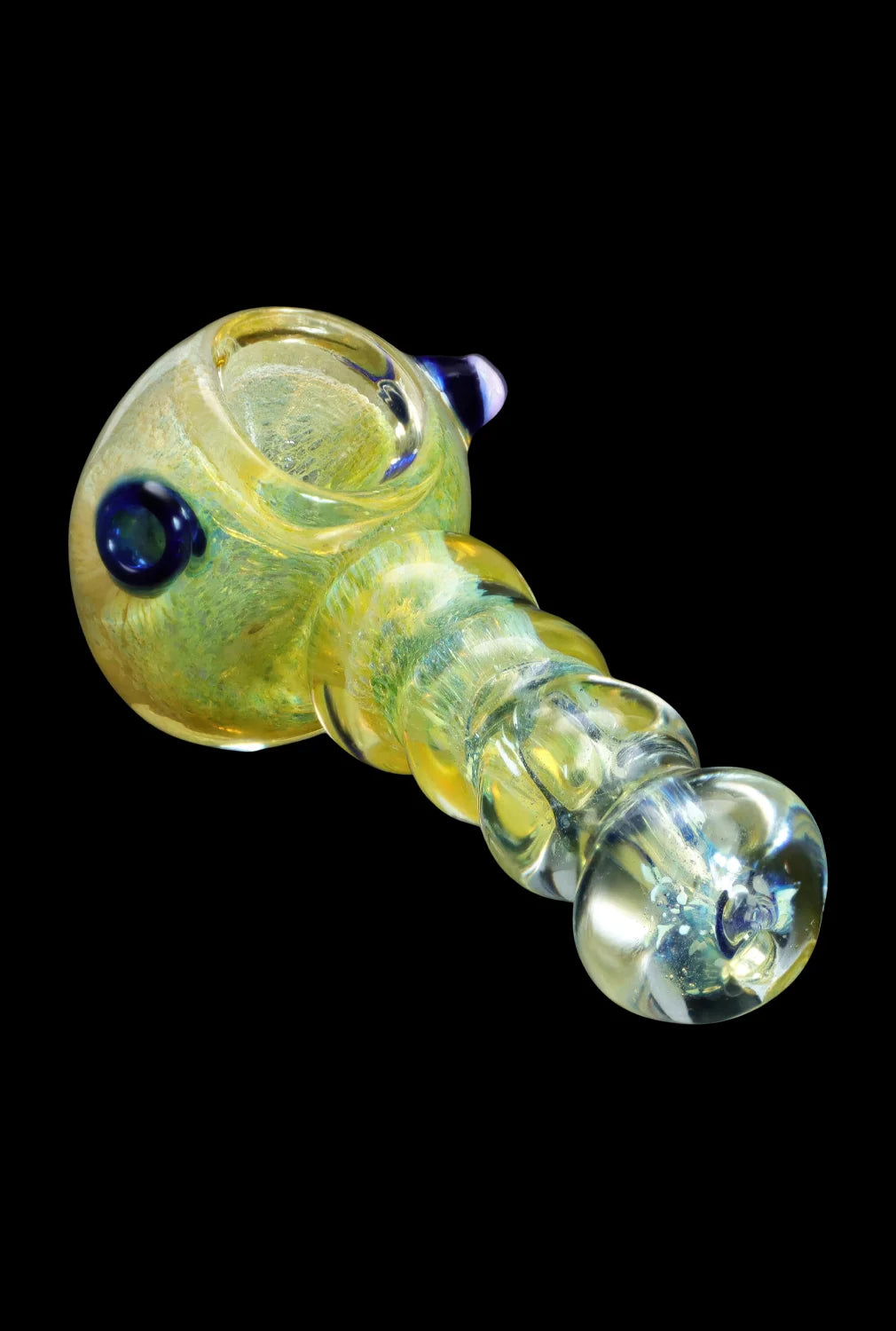 Hand-blown glass cannabis pipe with textured body and blue accents.