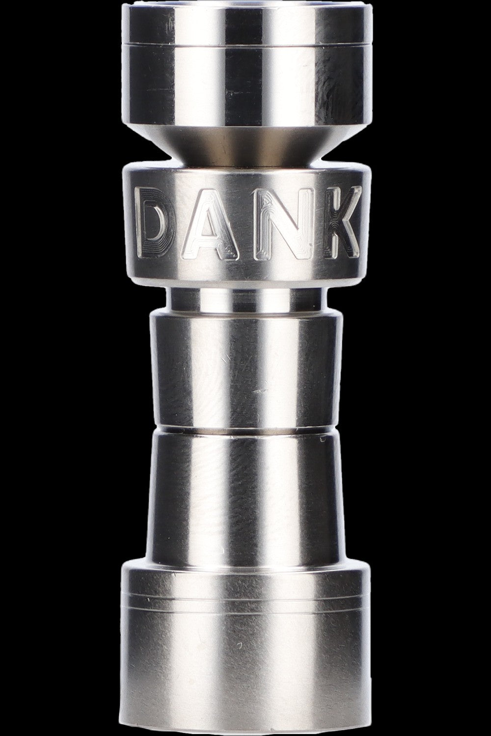 Silver cannabis grinder with “DANK” engraved on the middle tier, against a black background.