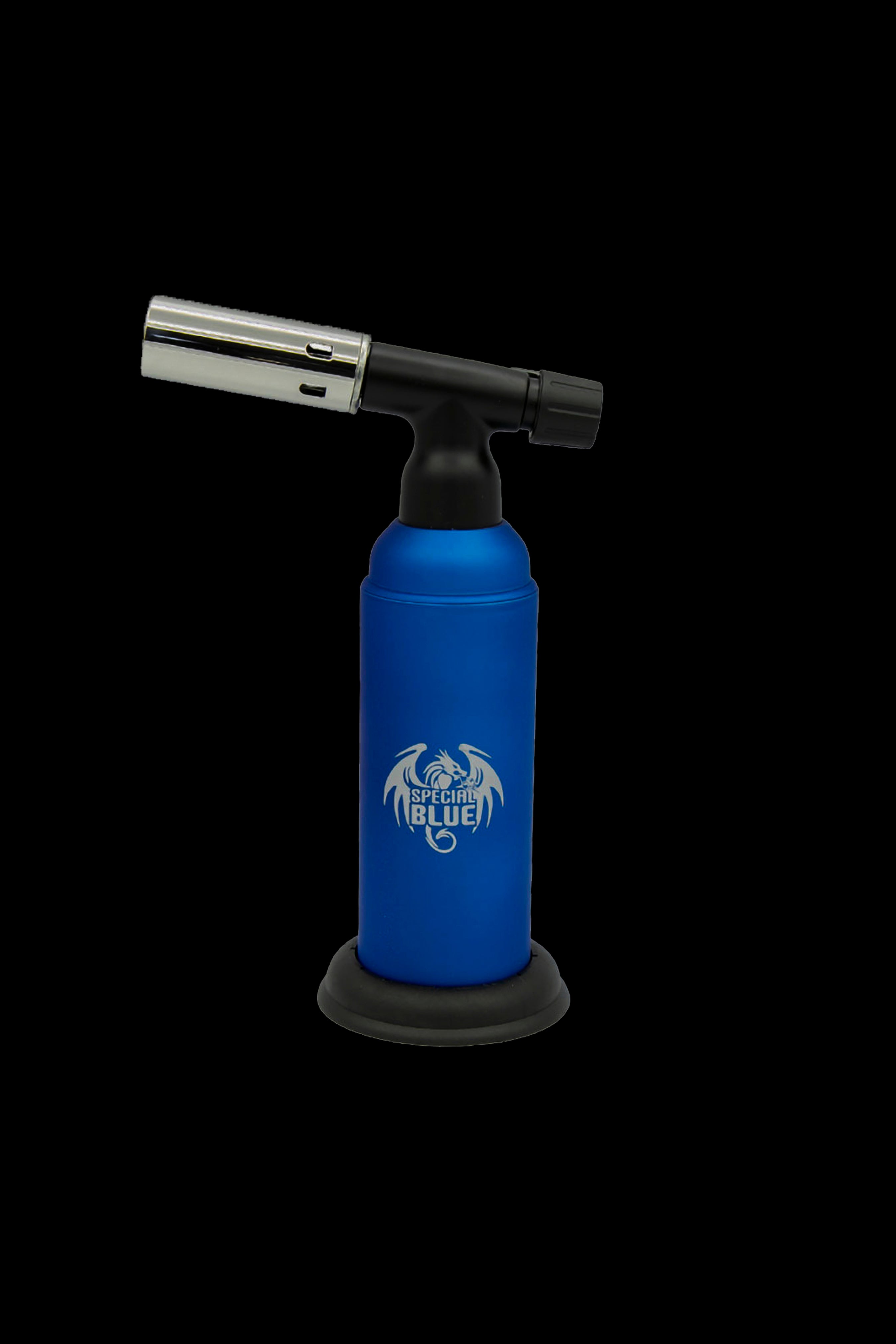 Blue butane torch with “Special Blue” logo, used for dabbing cannabis concentrates.