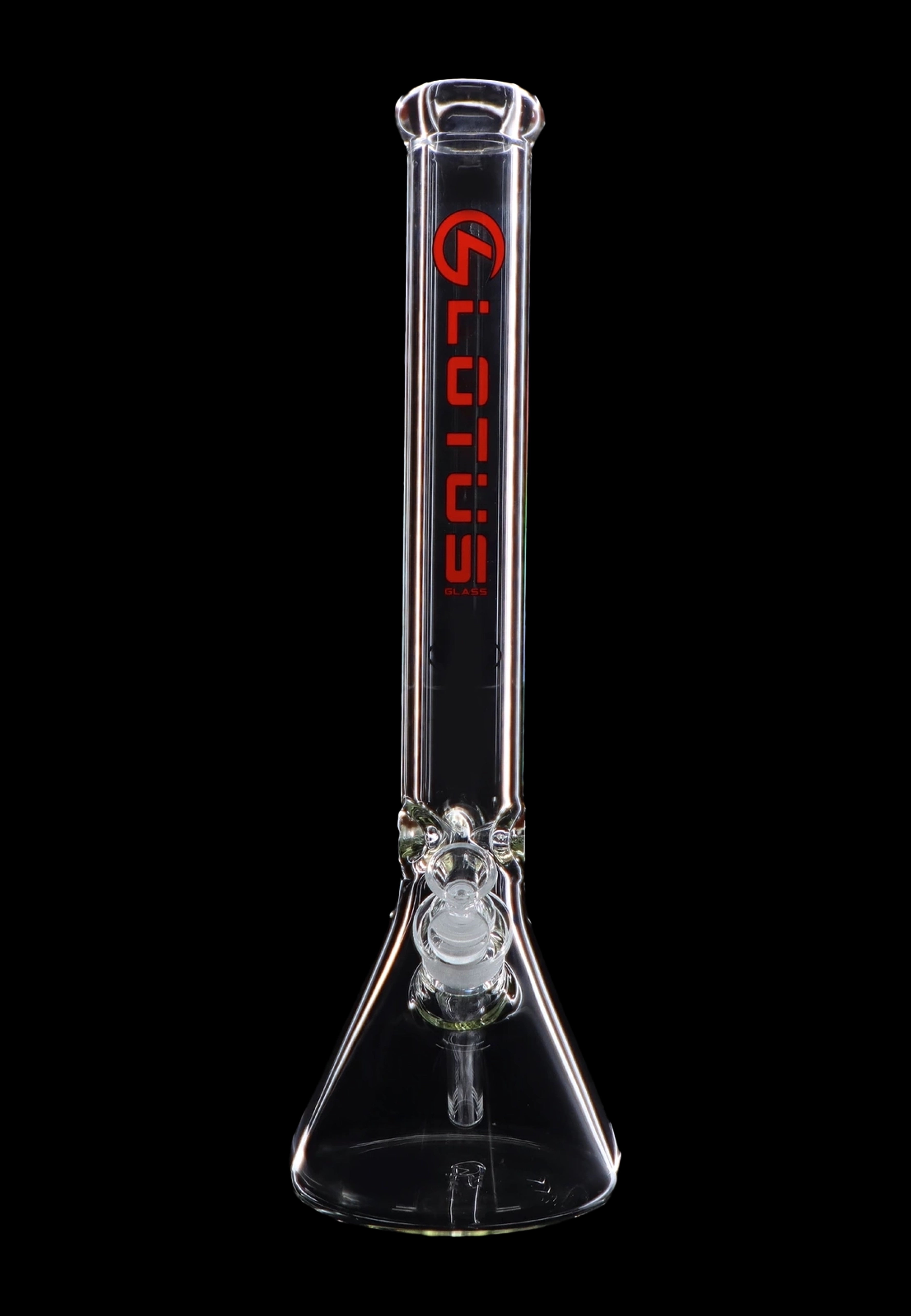 Clear glass bong with red logo, studio shot.
