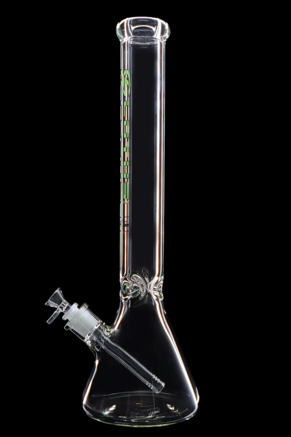 Glass bong with intricate green detailing, isolated on a black background.