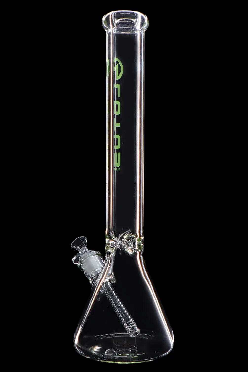 Clear glass bong with green lettering, studio shot.