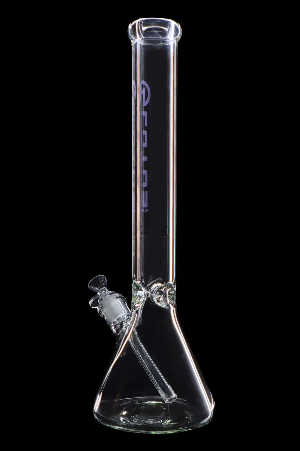 Clear glass bong with an ice catch and angled neck, isolated on a black background.