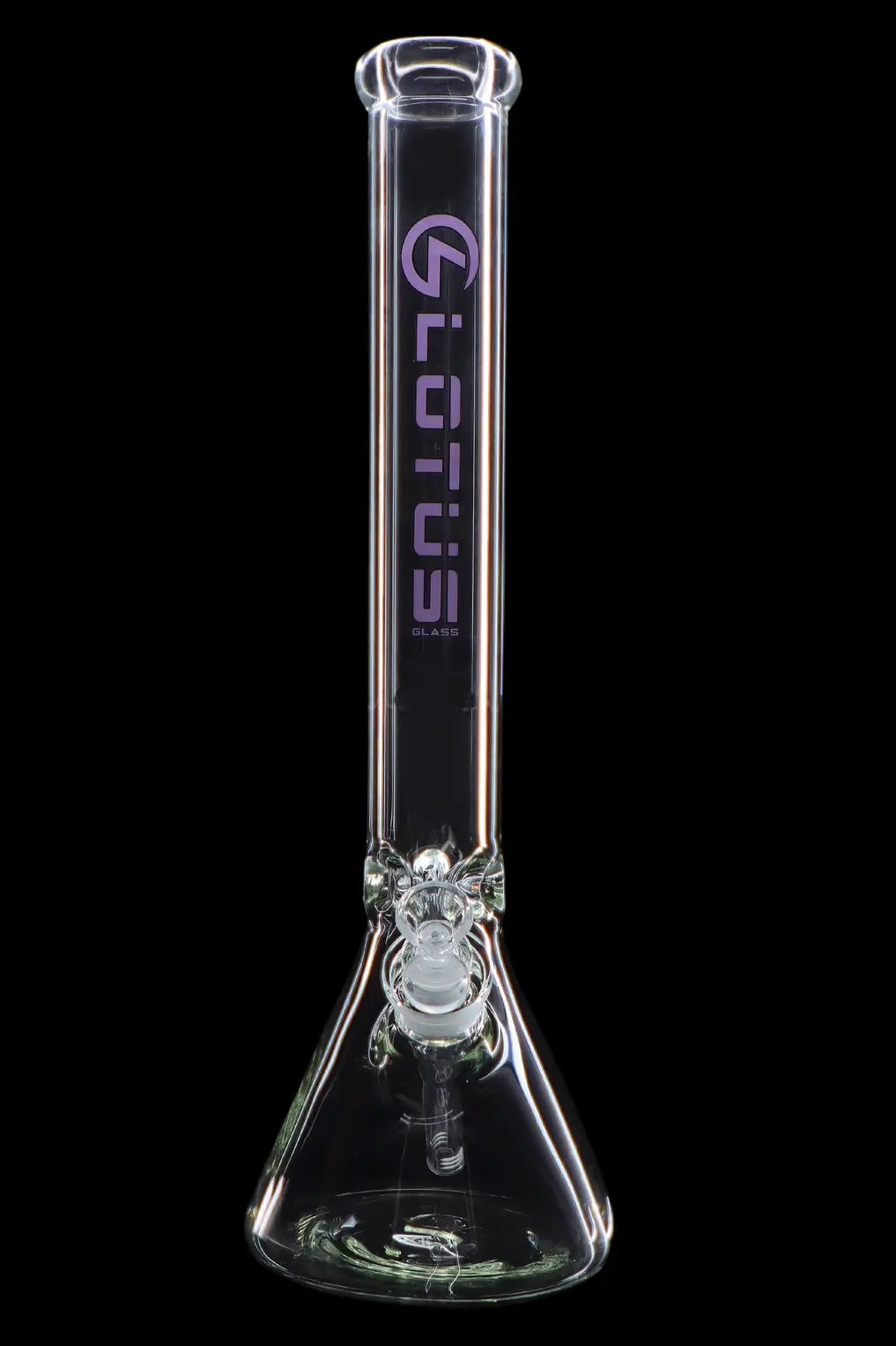 Clear glass bong with percolator and branded text.