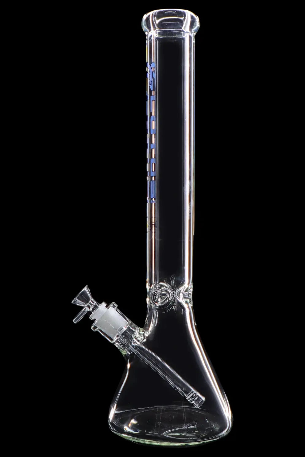 Clear glass bong with ice catcher and diffused downstem, isolated on black.