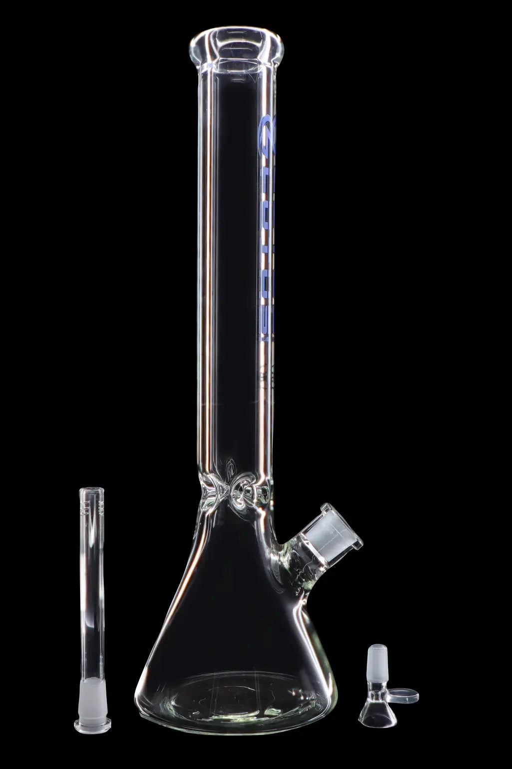 Clear glass bong with detachable downstem and bowl, isolated on a black background.