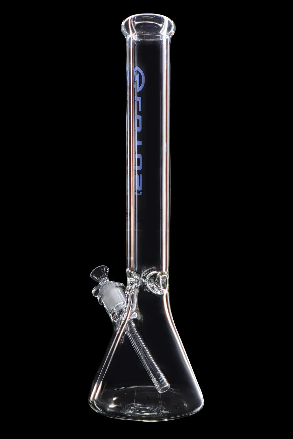 Clear glass bong with blue lettering and ice catcher.