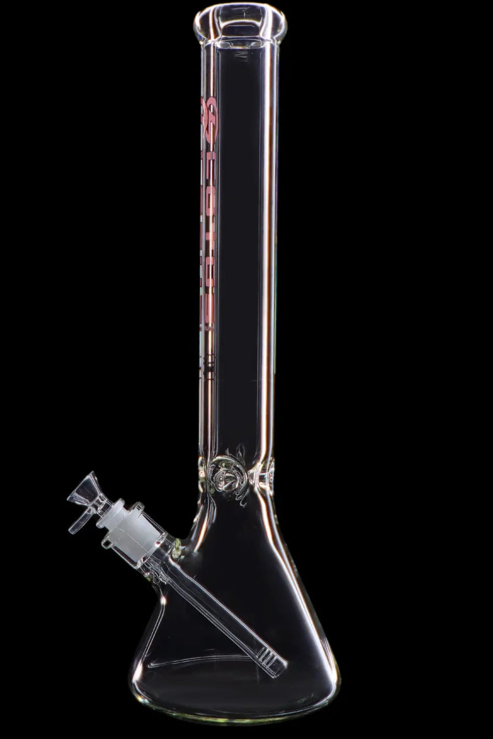 Clear glass bong with ice catch and elaborate percolator, isolated on black.