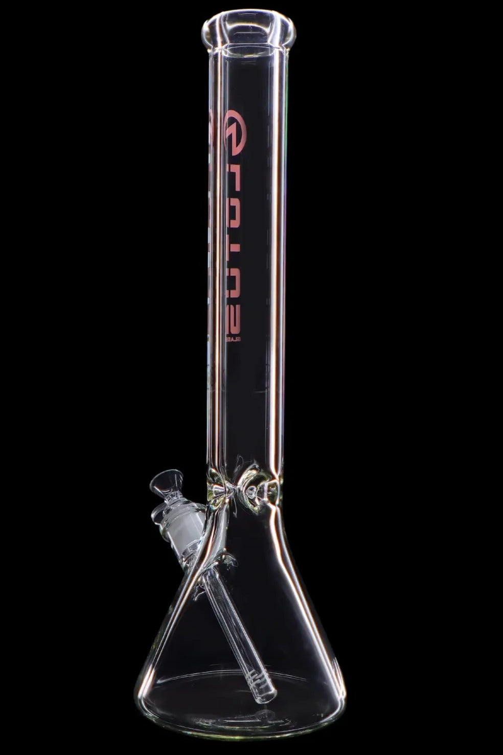 Clear glass bong with ice catch and diffuser downstem, isolated on a black background.