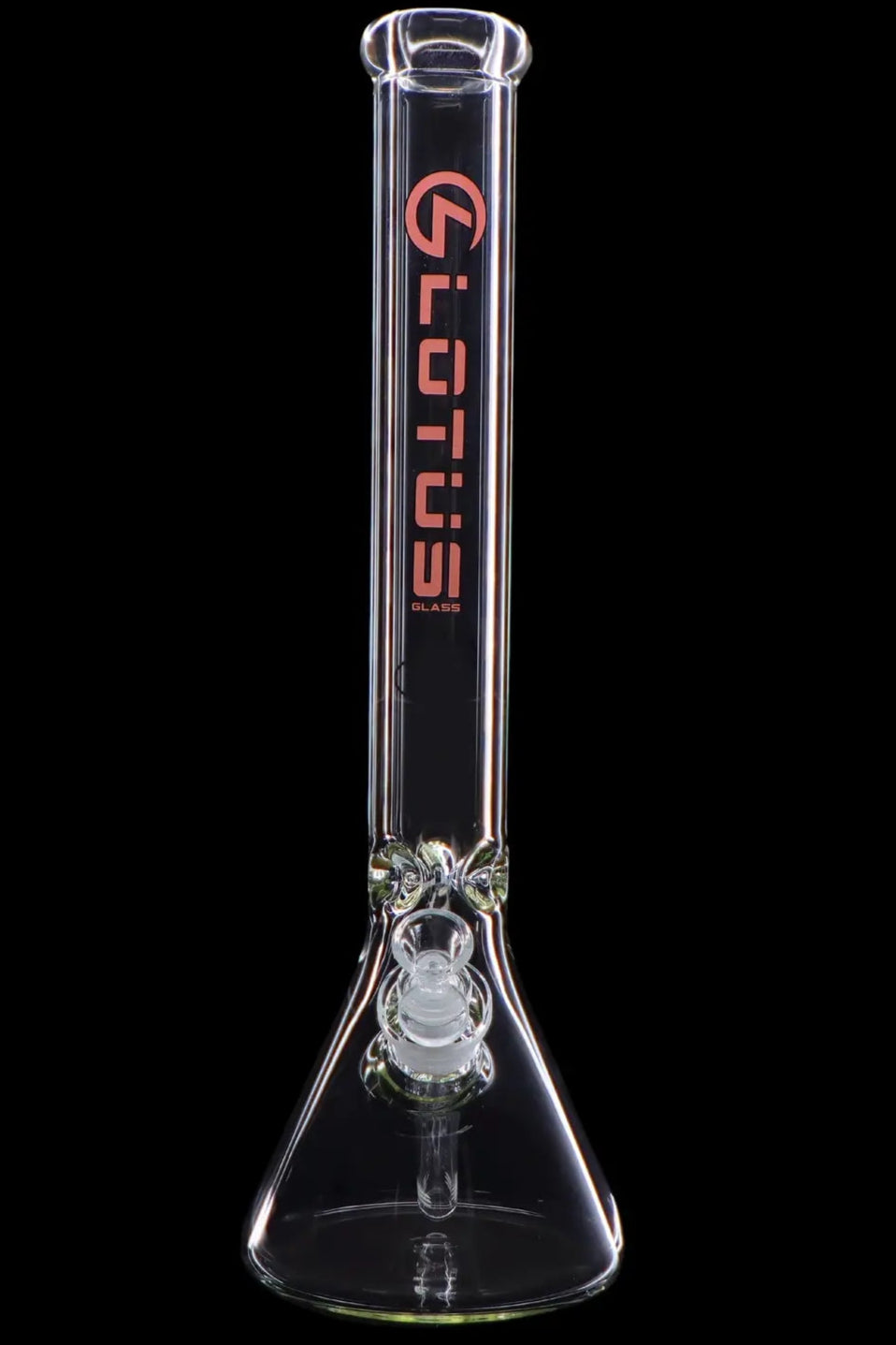 Clear glass bong with green accents and a spherical percolator.