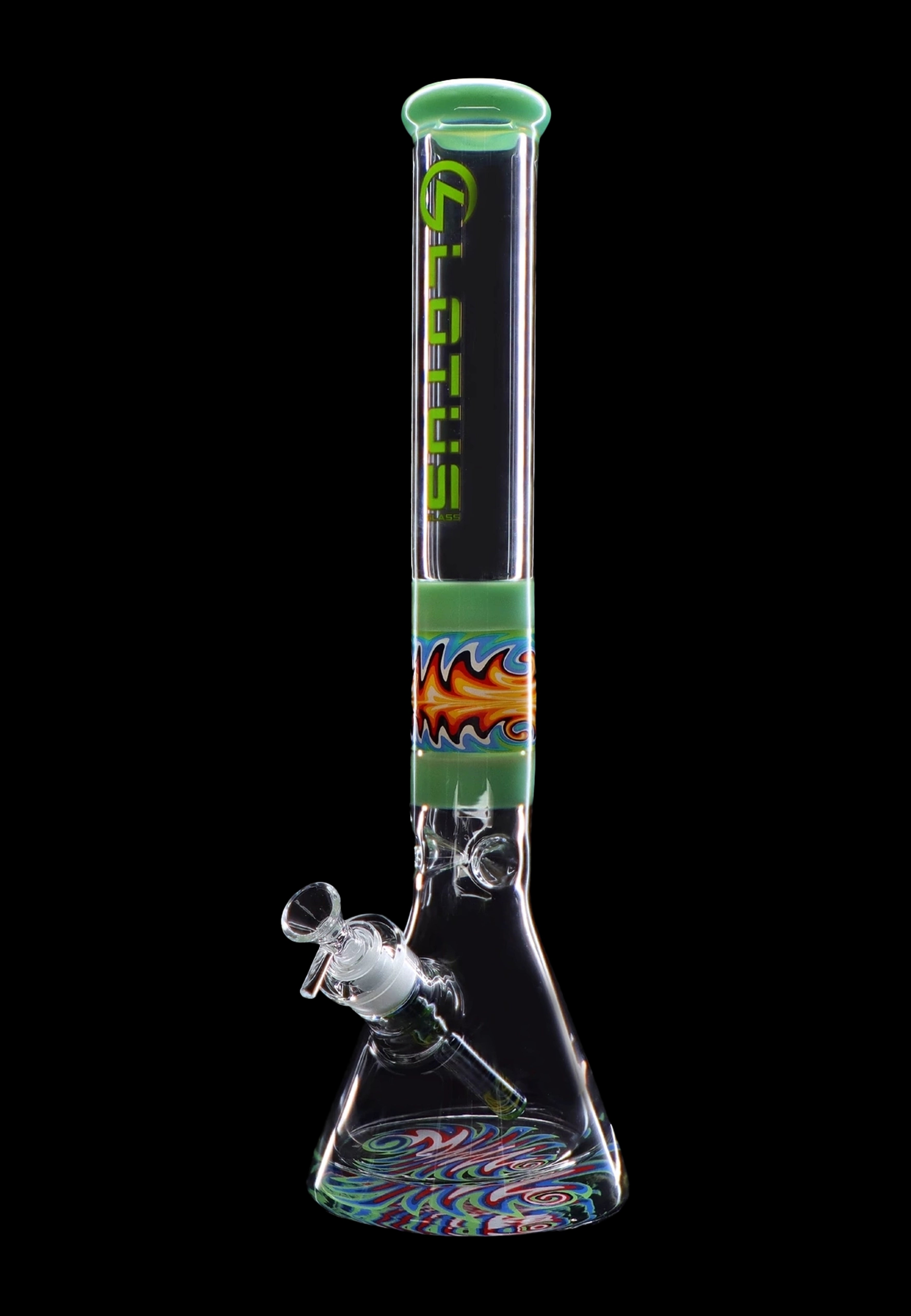A vibrant green glass bong with colorful swirls and a glass bowl, isolated on a black background.