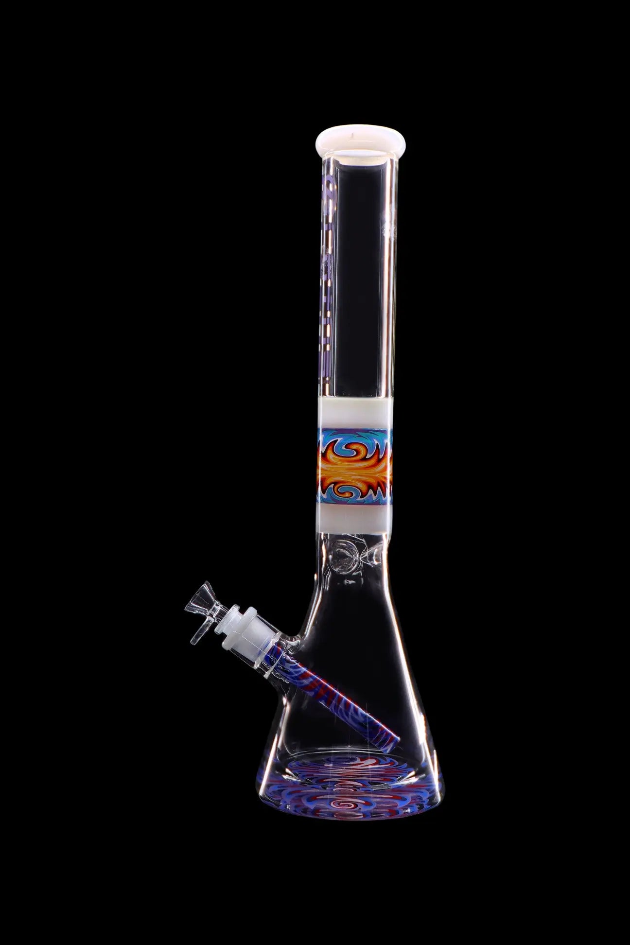 Glass bong with colorful swirling patterns against a black background.